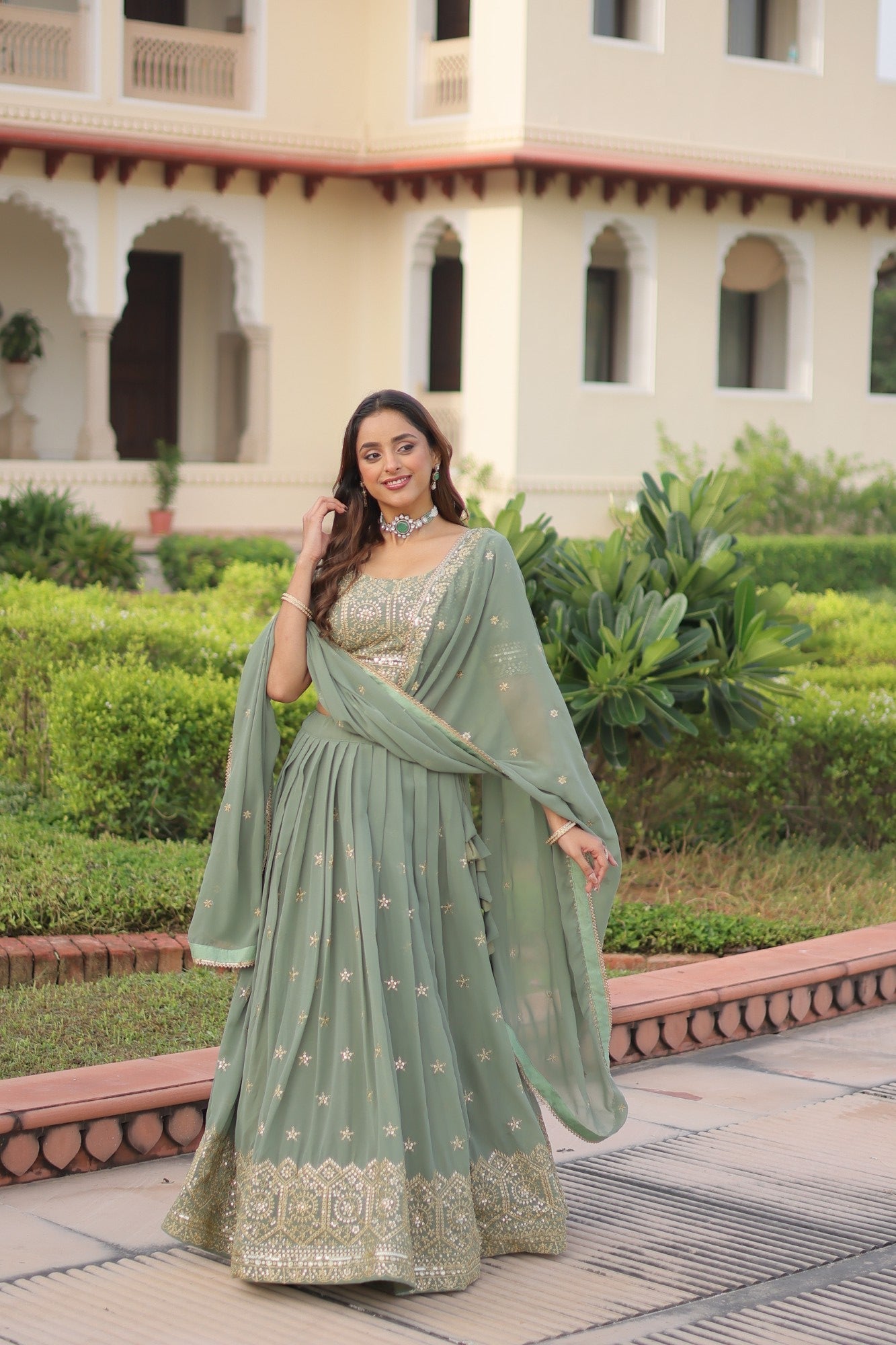 Lorenvalley Fashion Pista Faux Georgette With Sequins & Zari Multi Embroidered work Lehenga Choli with Dupatta - Swadesiicart