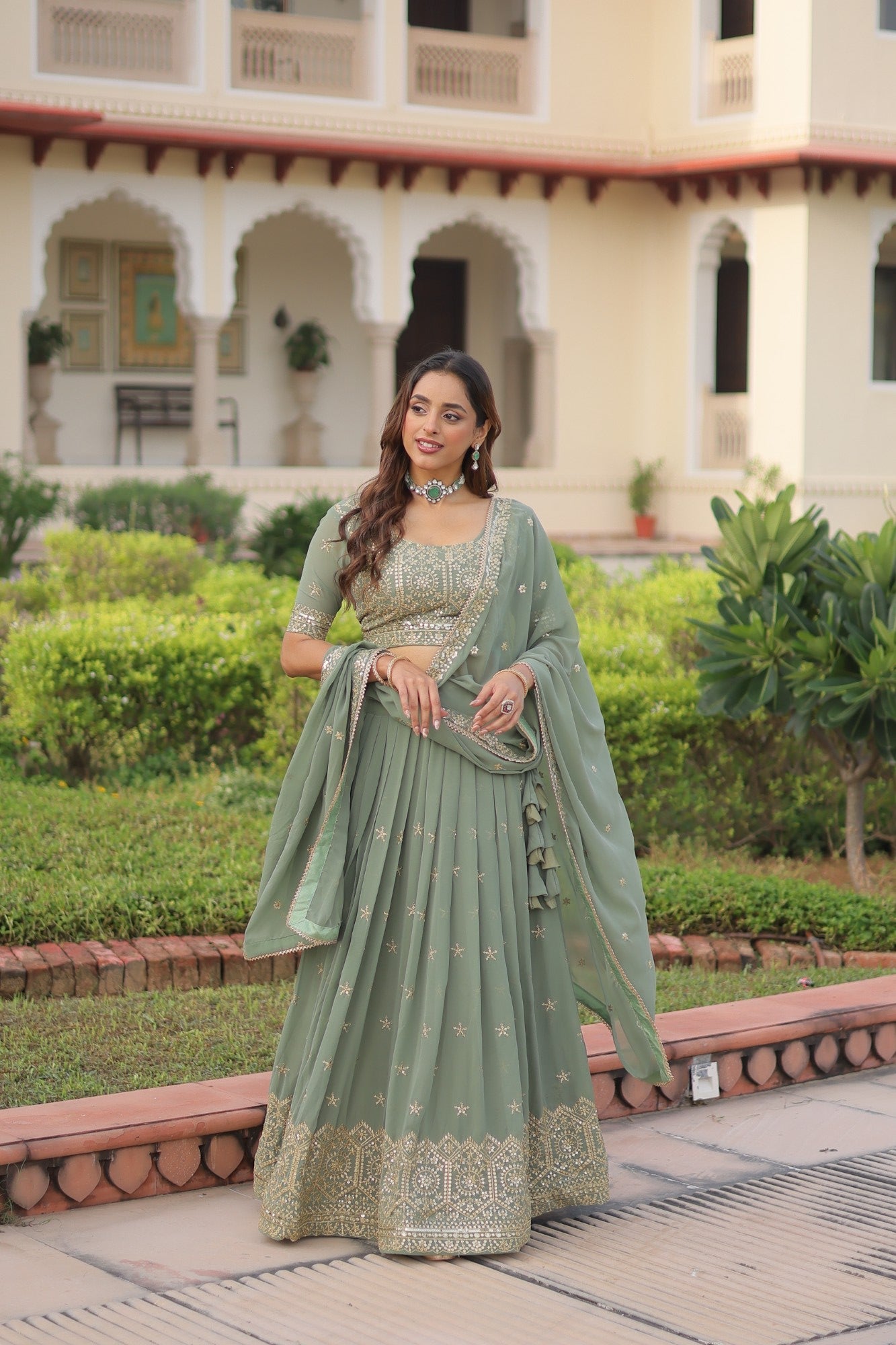 Lorenvalley Fashion Pista Faux Georgette With Sequins & Zari Multi Embroidered work Lehenga Choli with Dupatta - Swadesiicart