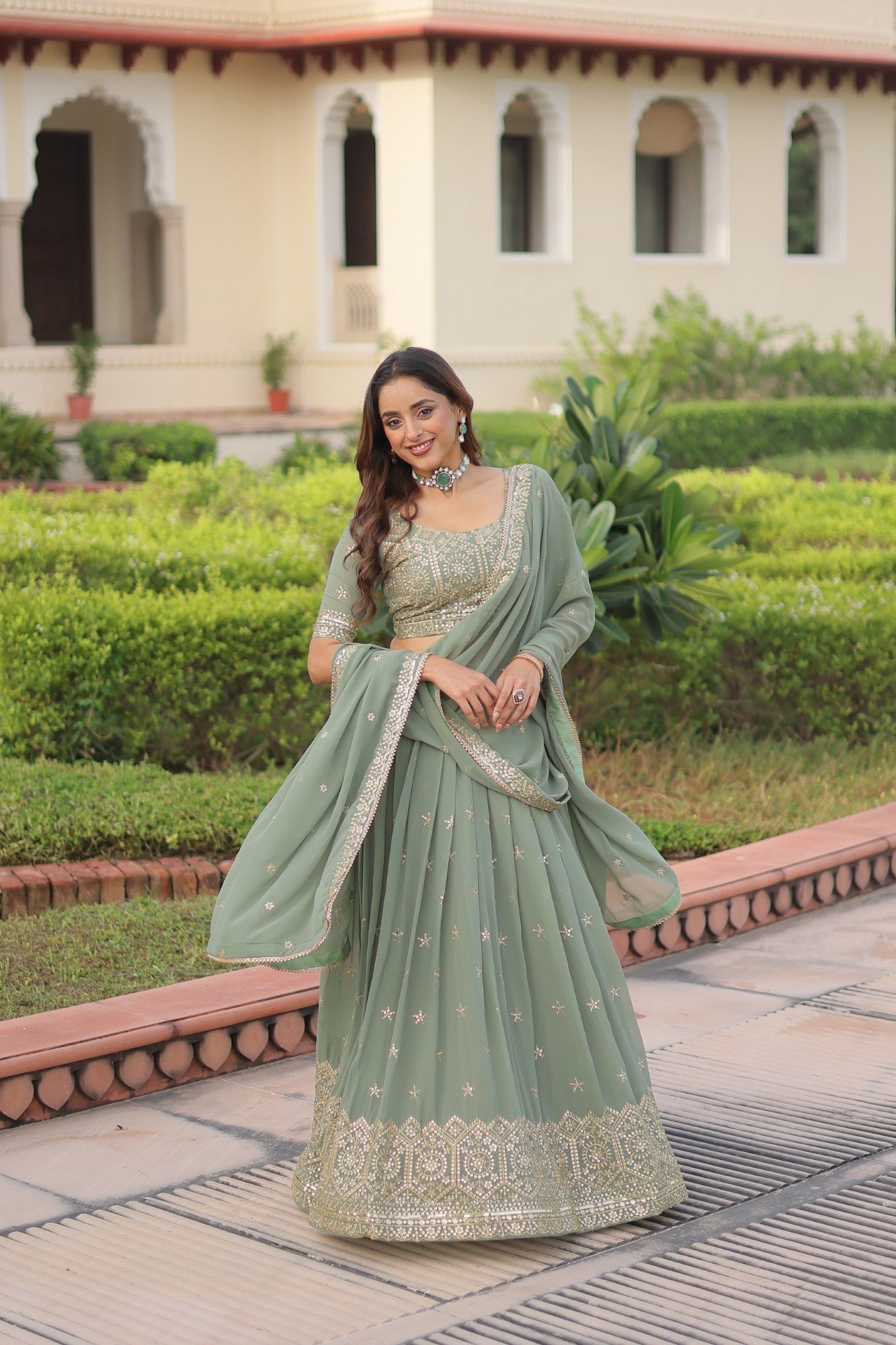 Lorenvalley Fashion Pista Faux Georgette With Sequins & Zari Multi Embroidered work Lehenga Choli with Dupatta - Swadesiicart