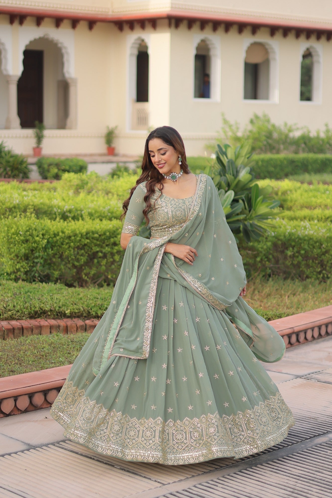 Lorenvalley Fashion Pista Faux Georgette With Sequins & Zari Multi Embroidered work Lehenga Choli with Dupatta - Swadesiicart