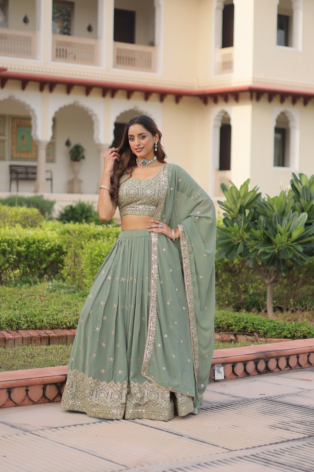 Lorenvalley Fashion Pista Faux Georgette With Sequins & Zari Multi Embroidered work Lehenga Choli with Dupatta - Swadesiicart
