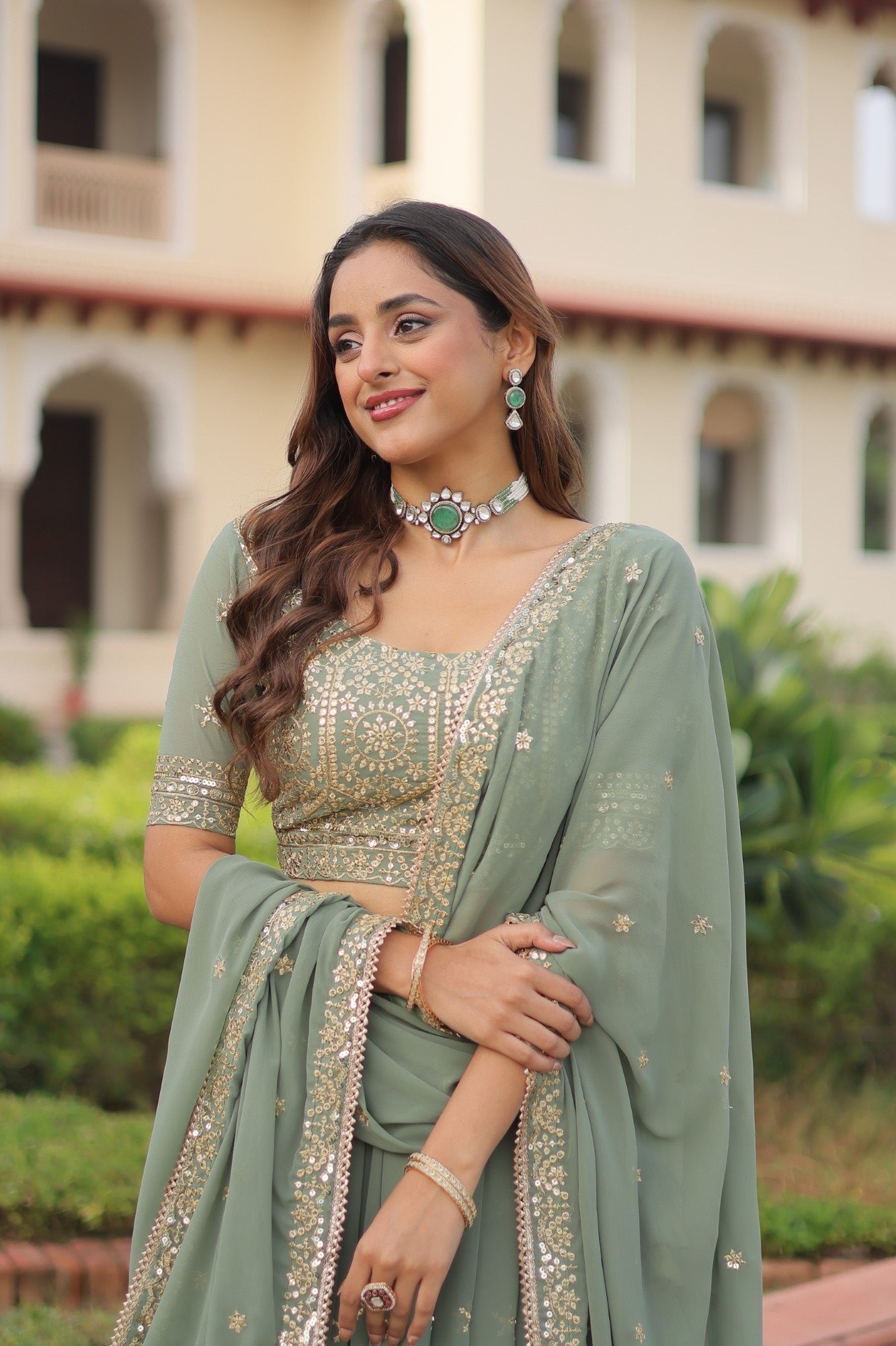Lorenvalley Fashion Pista Faux Georgette With Sequins & Zari Multi Embroidered work Lehenga Choli with Dupatta - Swadesiicart