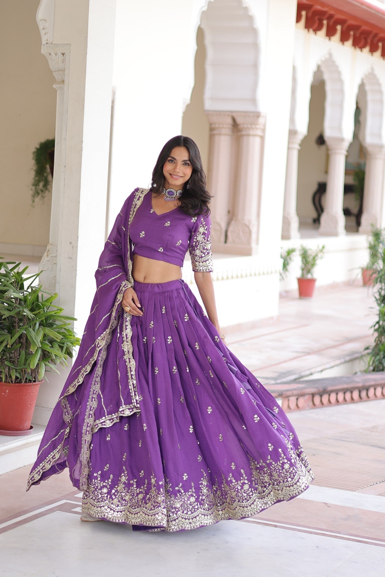 Lorenvalley Fashion Purple Vichitra Silk With Sequins & Zari Multi Embroidered work Lehenga Choli with Dupatta - Swadesiicart