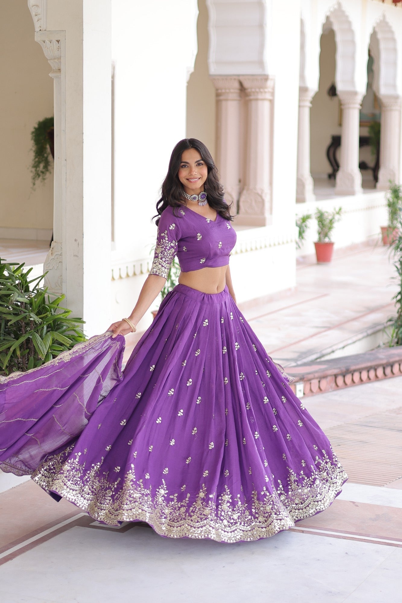 Lorenvalley Fashion Purple Vichitra Silk With Sequins & Zari Multi Embroidered work Lehenga Choli with Dupatta - Swadesiicart