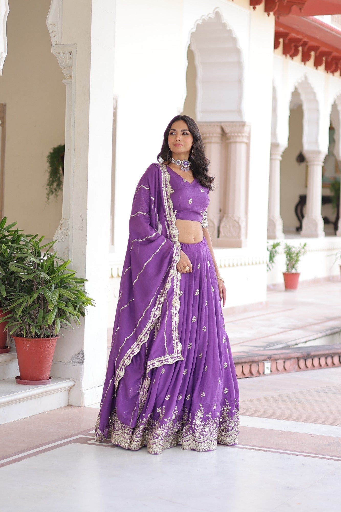 Lorenvalley Fashion Purple Vichitra Silk With Sequins & Zari Multi Embroidered work Lehenga Choli with Dupatta - Swadesiicart
