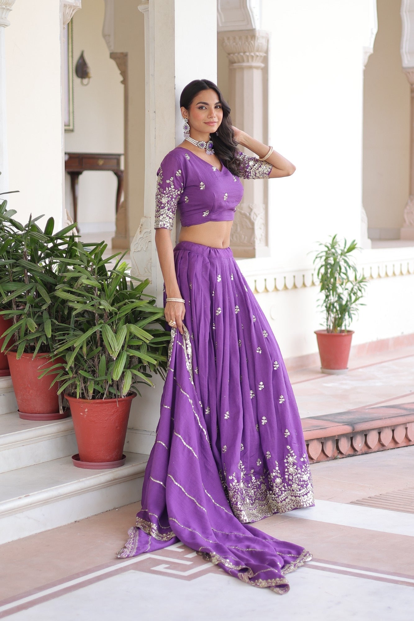 Lorenvalley Fashion Purple Vichitra Silk With Sequins & Zari Multi Embroidered work Lehenga Choli with Dupatta - Swadesiicart