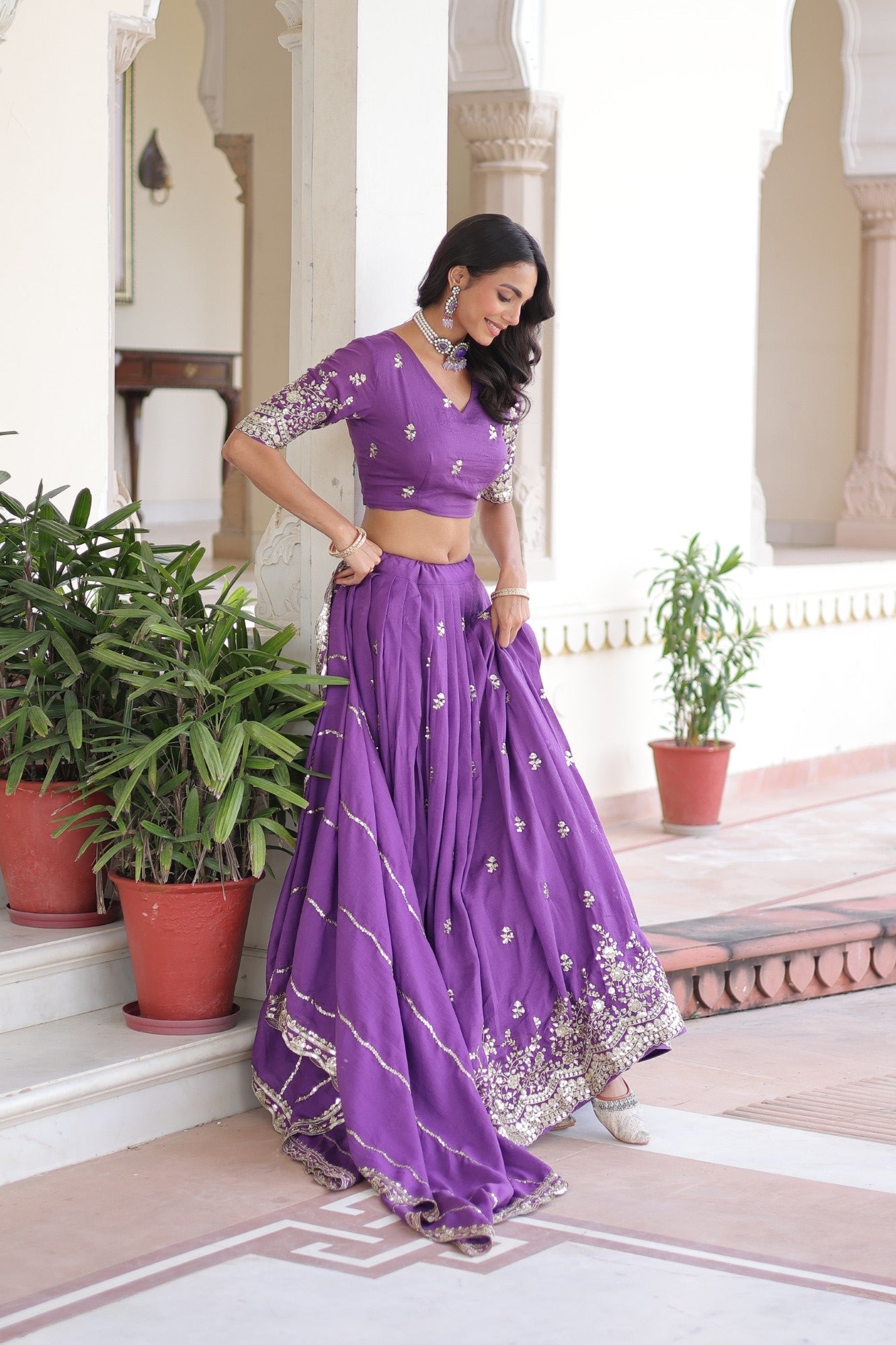 Lorenvalley Fashion Purple Vichitra Silk With Sequins & Zari Multi Embroidered work Lehenga Choli with Dupatta - Swadesiicart