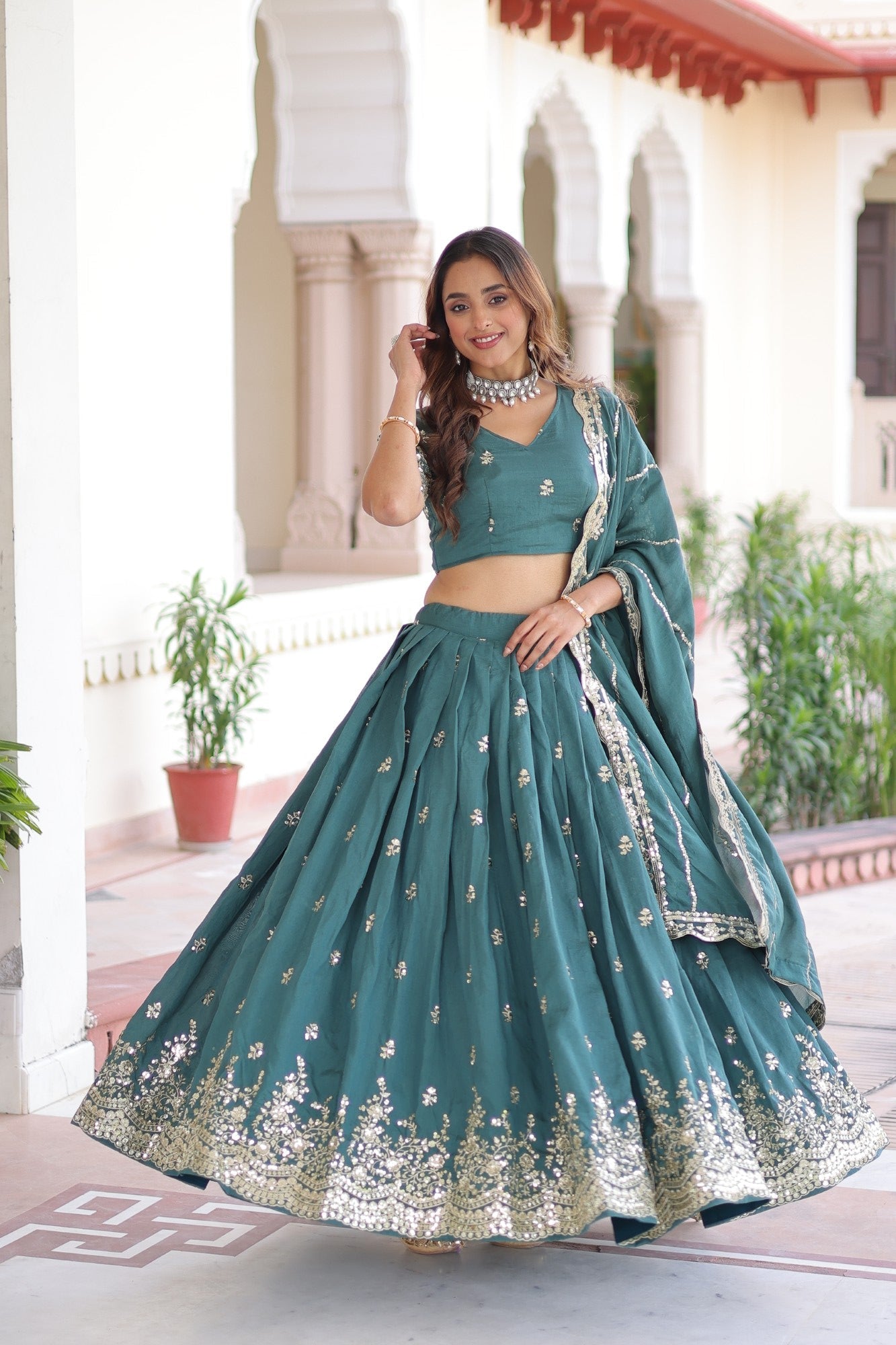 Lorenvalley Fashion Rama Vichitra Silk With Sequins & Zari Multi Embroidered work Lehenga Choli with Dupatta - Swadesiicart