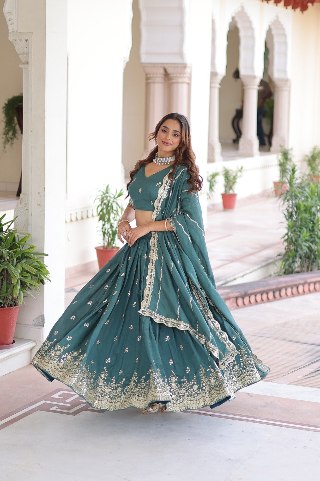 Lorenvalley Fashion Rama Vichitra Silk With Sequins & Zari Multi Embroidered work Lehenga Choli with Dupatta - Swadesiicart