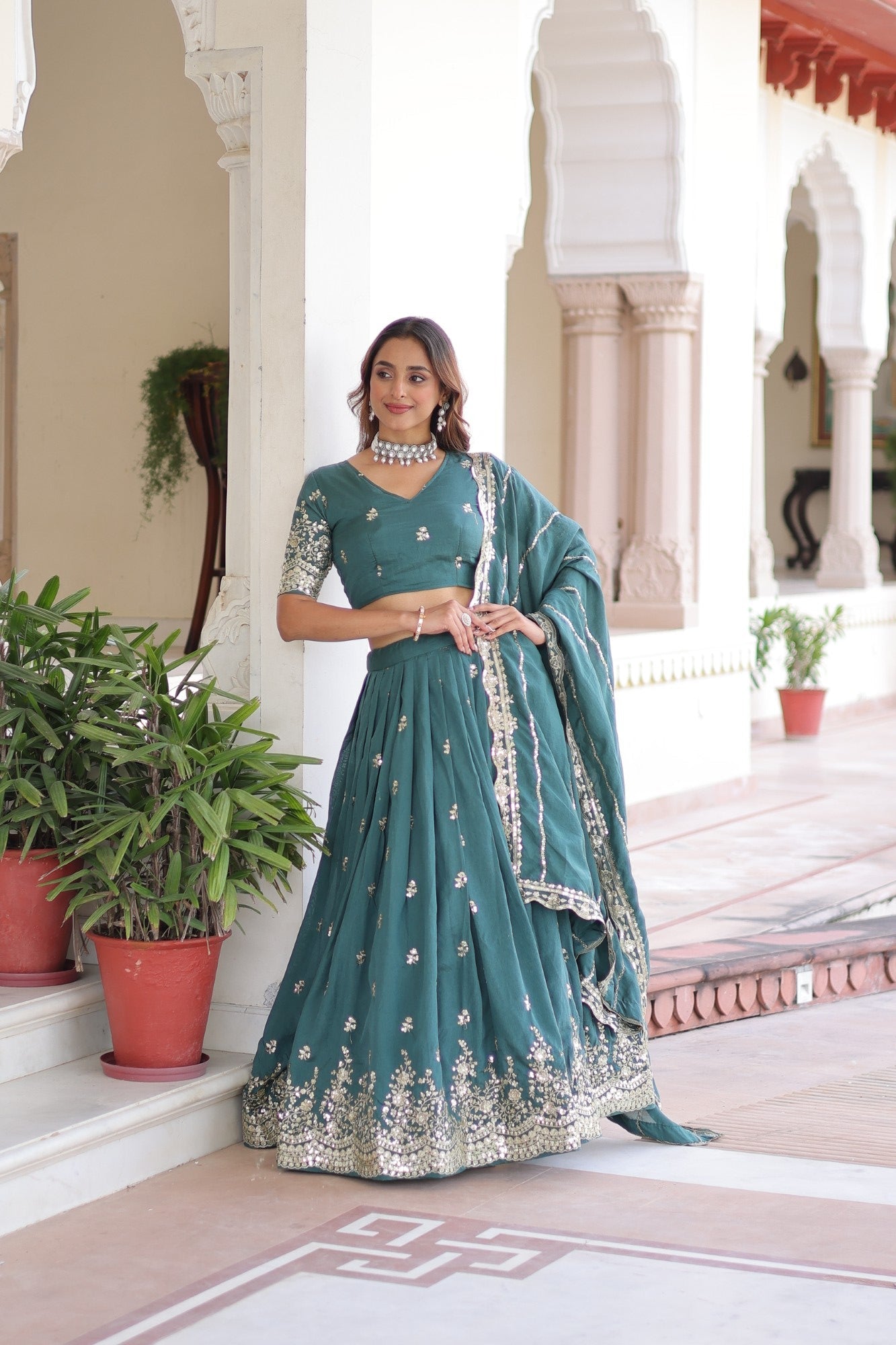 Lorenvalley Fashion Rama Vichitra Silk With Sequins & Zari Multi Embroidered work Lehenga Choli with Dupatta - Swadesiicart