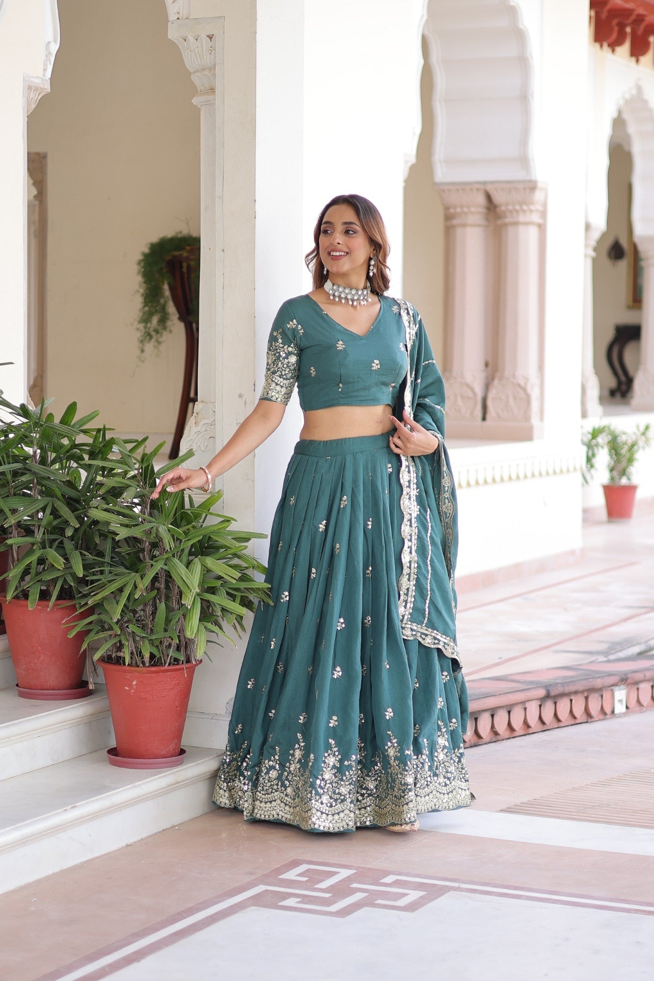 Lorenvalley Fashion Rama Vichitra Silk With Sequins & Zari Multi Embroidered work Lehenga Choli with Dupatta - Swadesiicart
