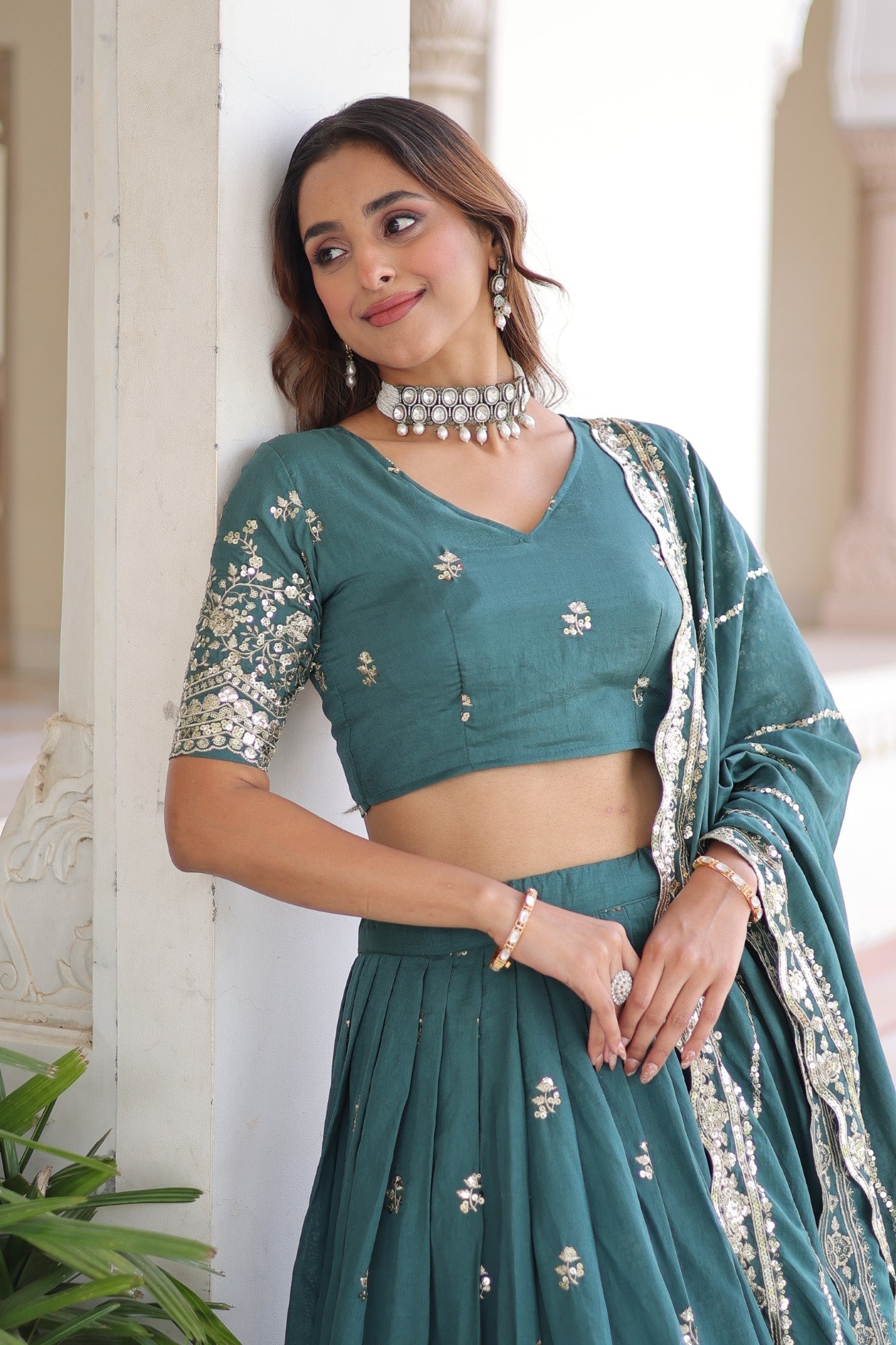 Lorenvalley Fashion Rama Vichitra Silk With Sequins & Zari Multi Embroidered work Lehenga Choli with Dupatta - Swadesiicart
