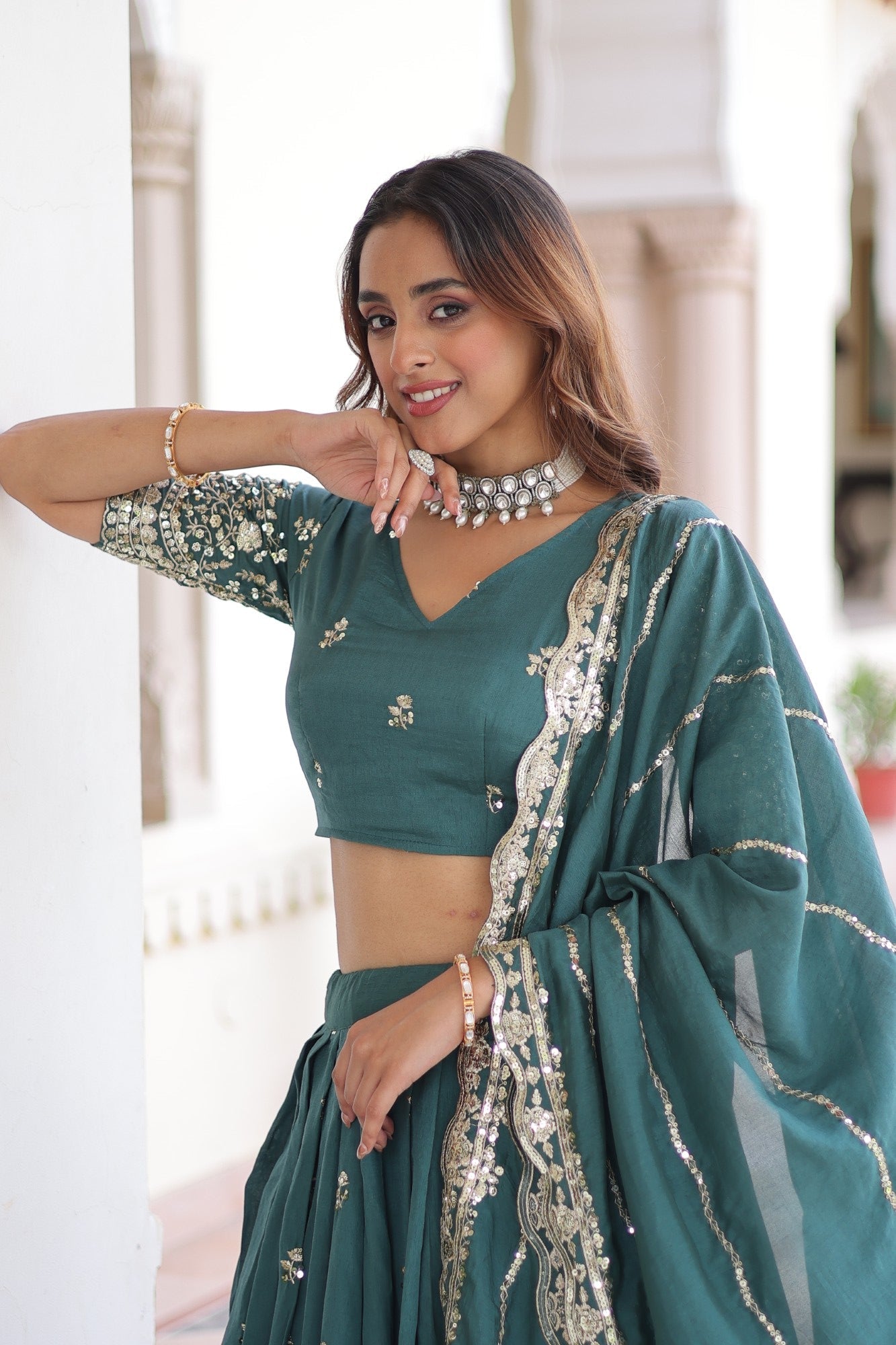 Lorenvalley Fashion Rama Vichitra Silk With Sequins & Zari Multi Embroidered work Lehenga Choli with Dupatta - Swadesiicart