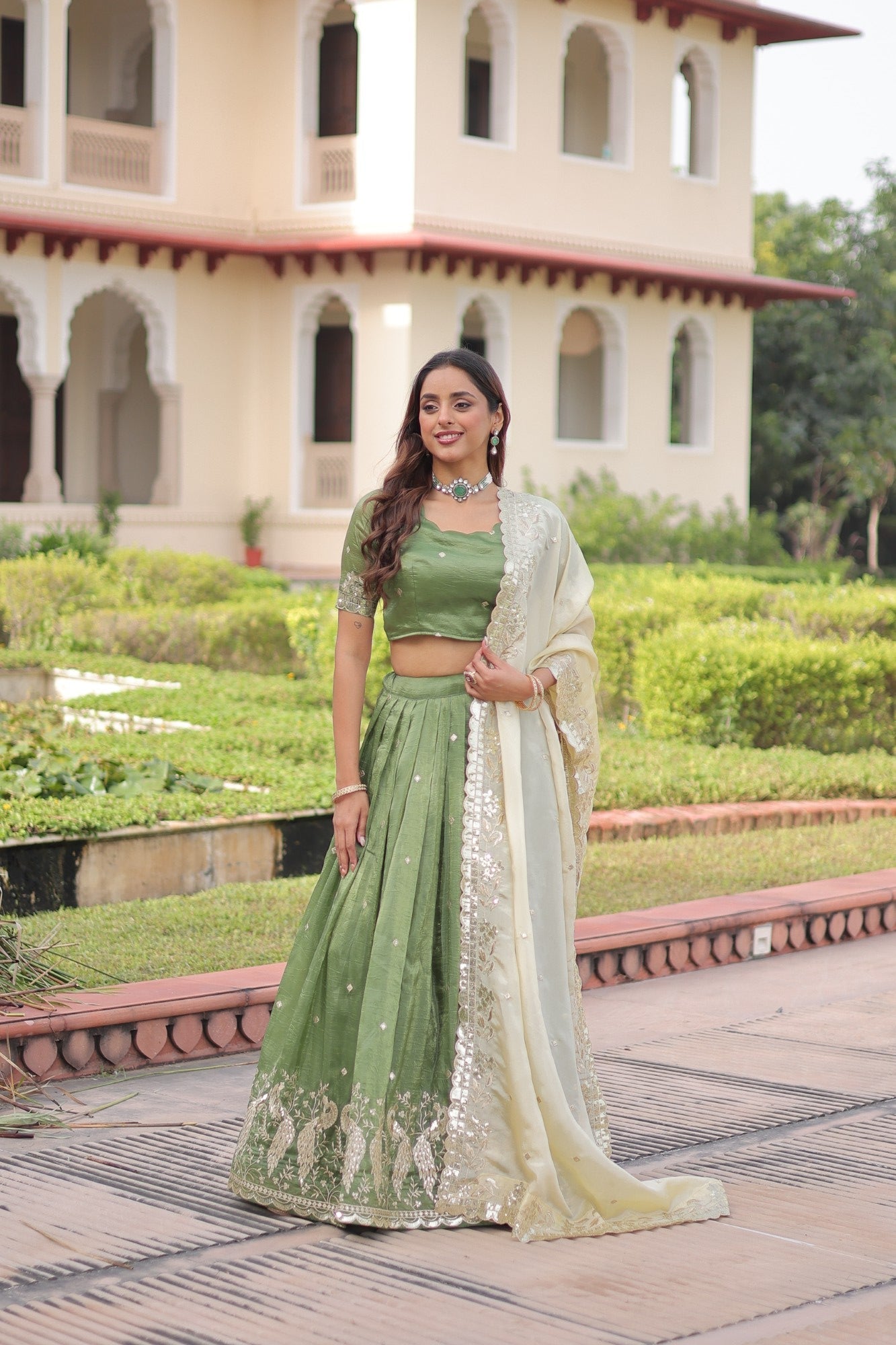 Lorenvalley Fashion Parrot Green Gold Crush with Sequins & Zari Embroidered Work Lehenga Choli with Dupatta - Swadesiicart