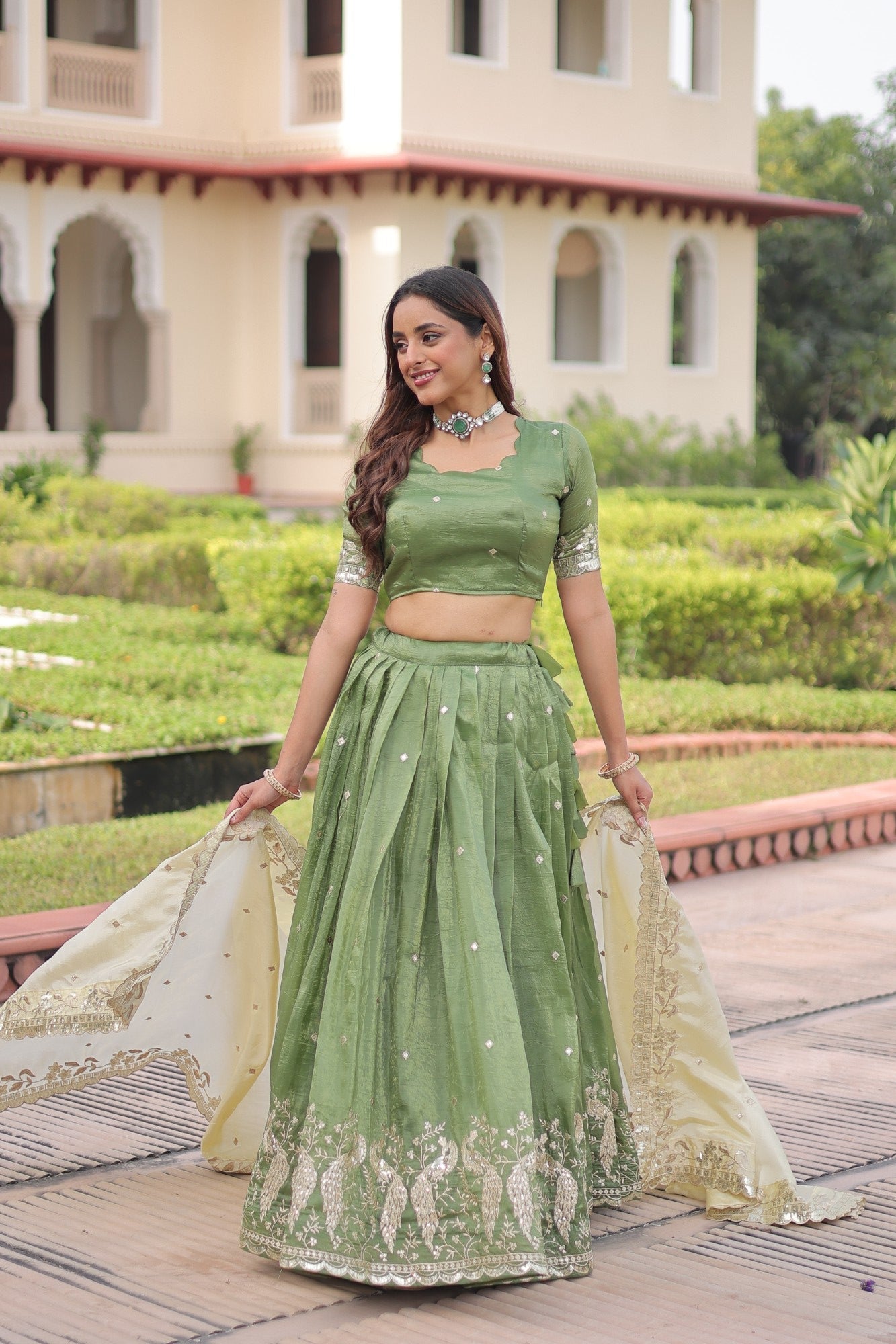 Lorenvalley Fashion Parrot Green Gold Crush with Sequins & Zari Embroidered Work Lehenga Choli with Dupatta - Swadesiicart