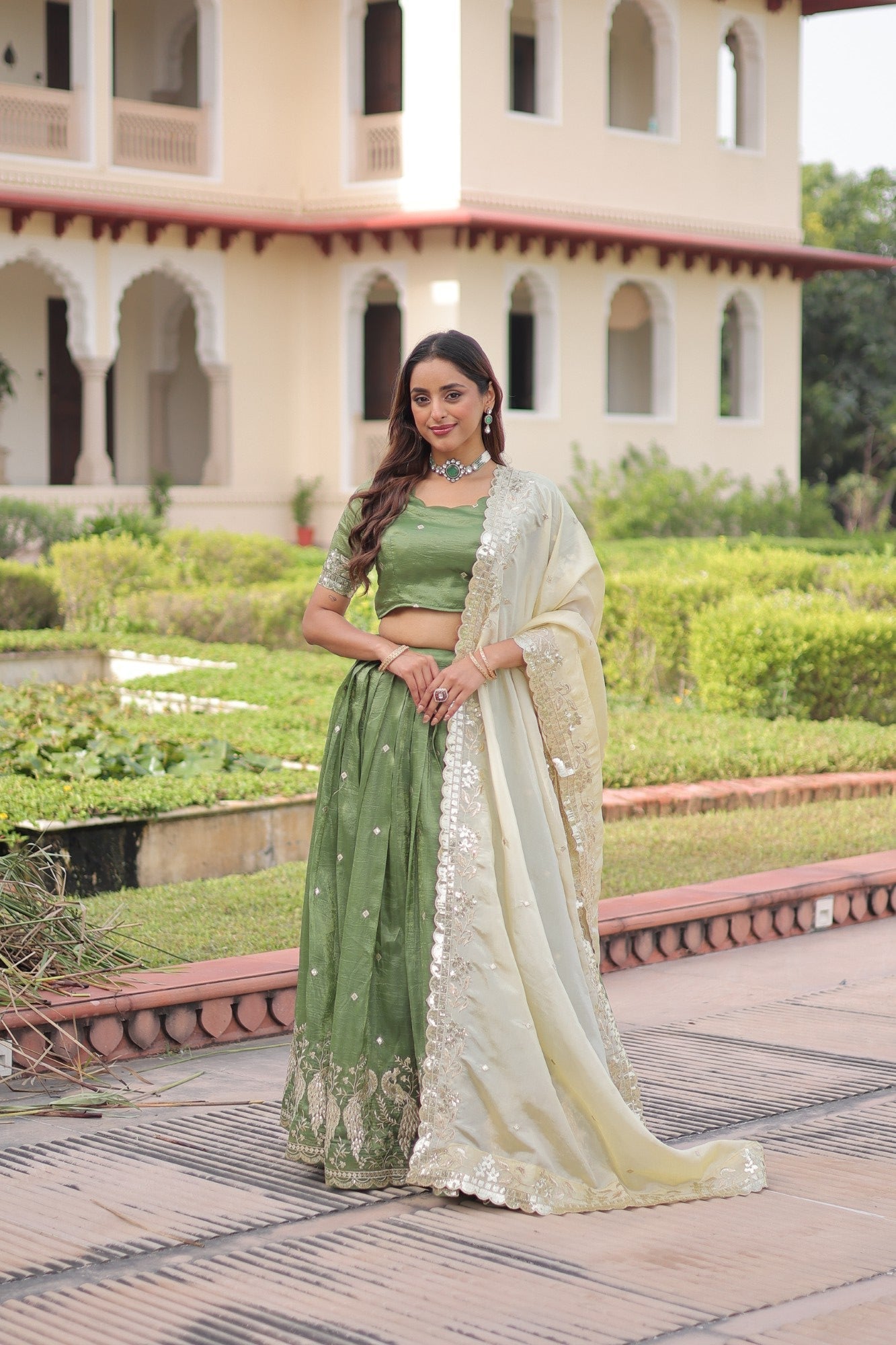 Lorenvalley Fashion Parrot Green Gold Crush with Sequins & Zari Embroidered Work Lehenga Choli with Dupatta - Swadesiicart