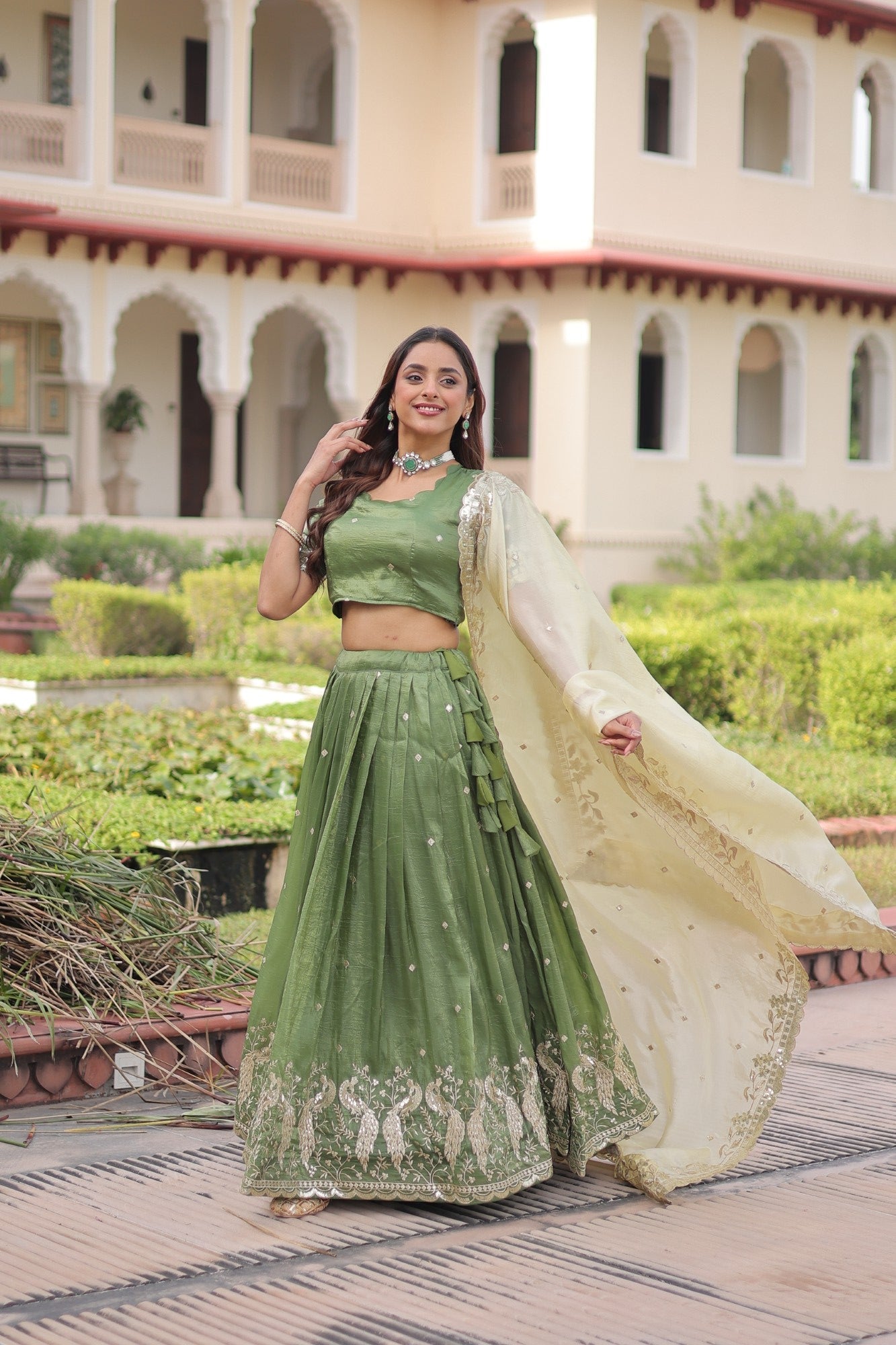 Lorenvalley Fashion Parrot Green Gold Crush with Sequins & Zari Embroidered Work Lehenga Choli with Dupatta - Swadesiicart