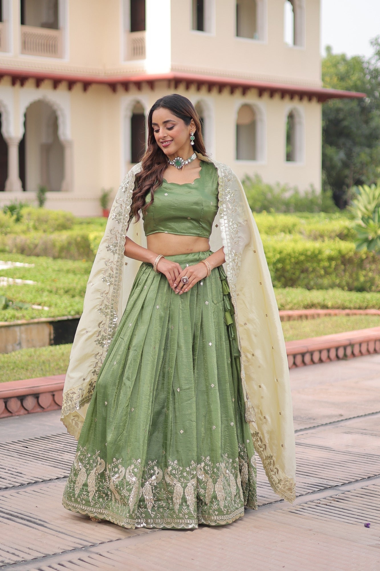 Lorenvalley Fashion Parrot Green Gold Crush with Sequins & Zari Embroidered Work Lehenga Choli with Dupatta - Swadesiicart