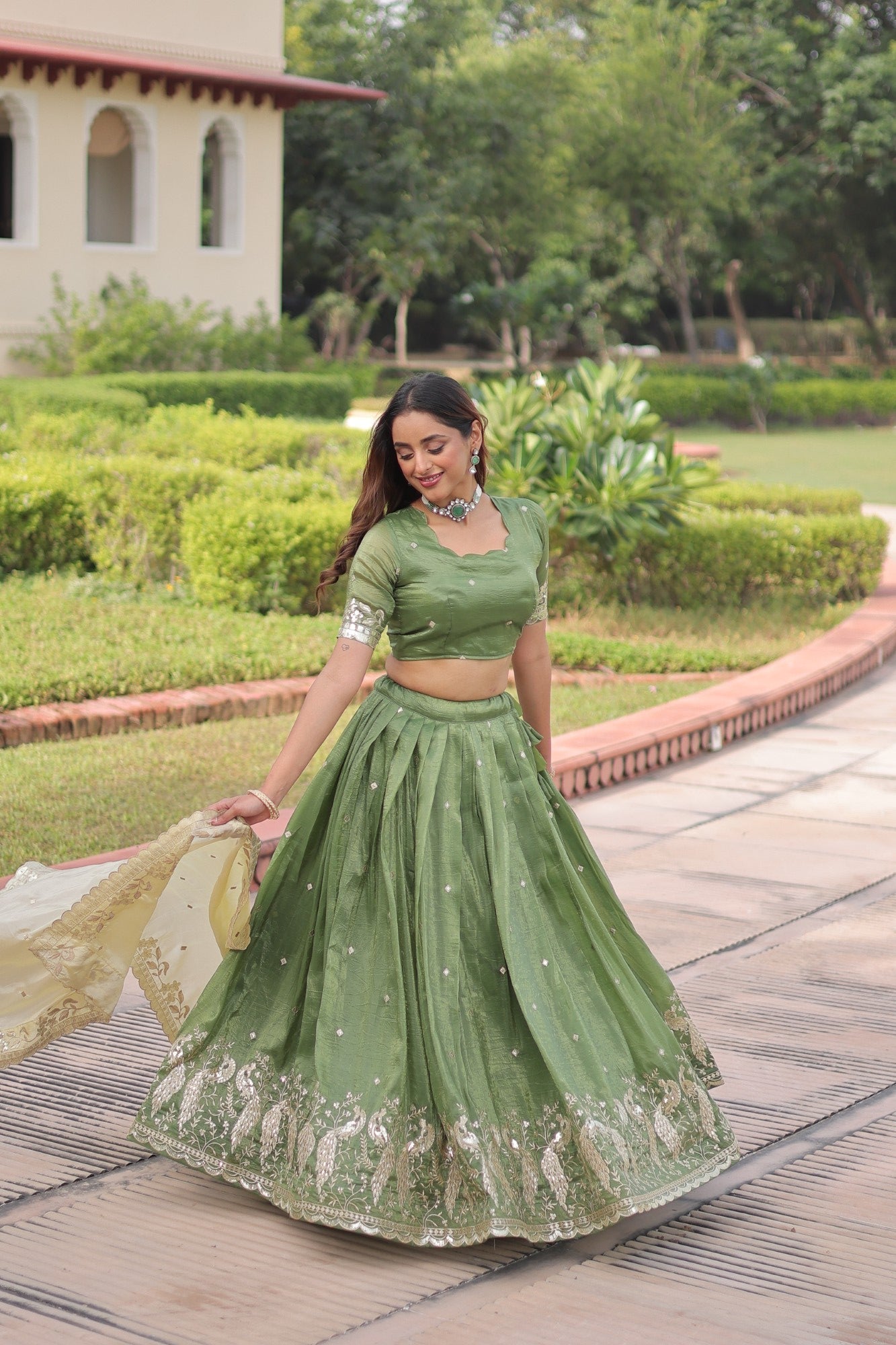 Lorenvalley Fashion Parrot Green Gold Crush with Sequins & Zari Embroidered Work Lehenga Choli with Dupatta - Swadesiicart