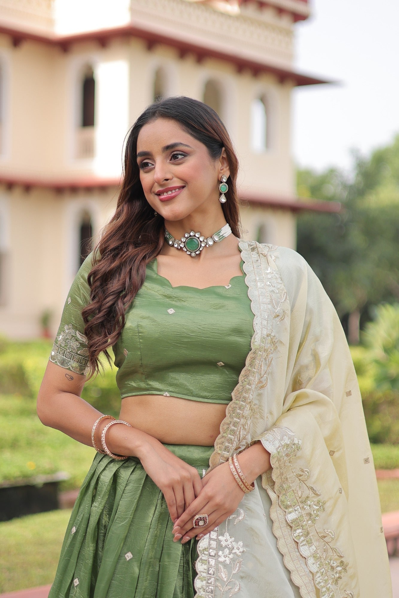 Lorenvalley Fashion Parrot Green Gold Crush with Sequins & Zari Embroidered Work Lehenga Choli with Dupatta - Swadesiicart