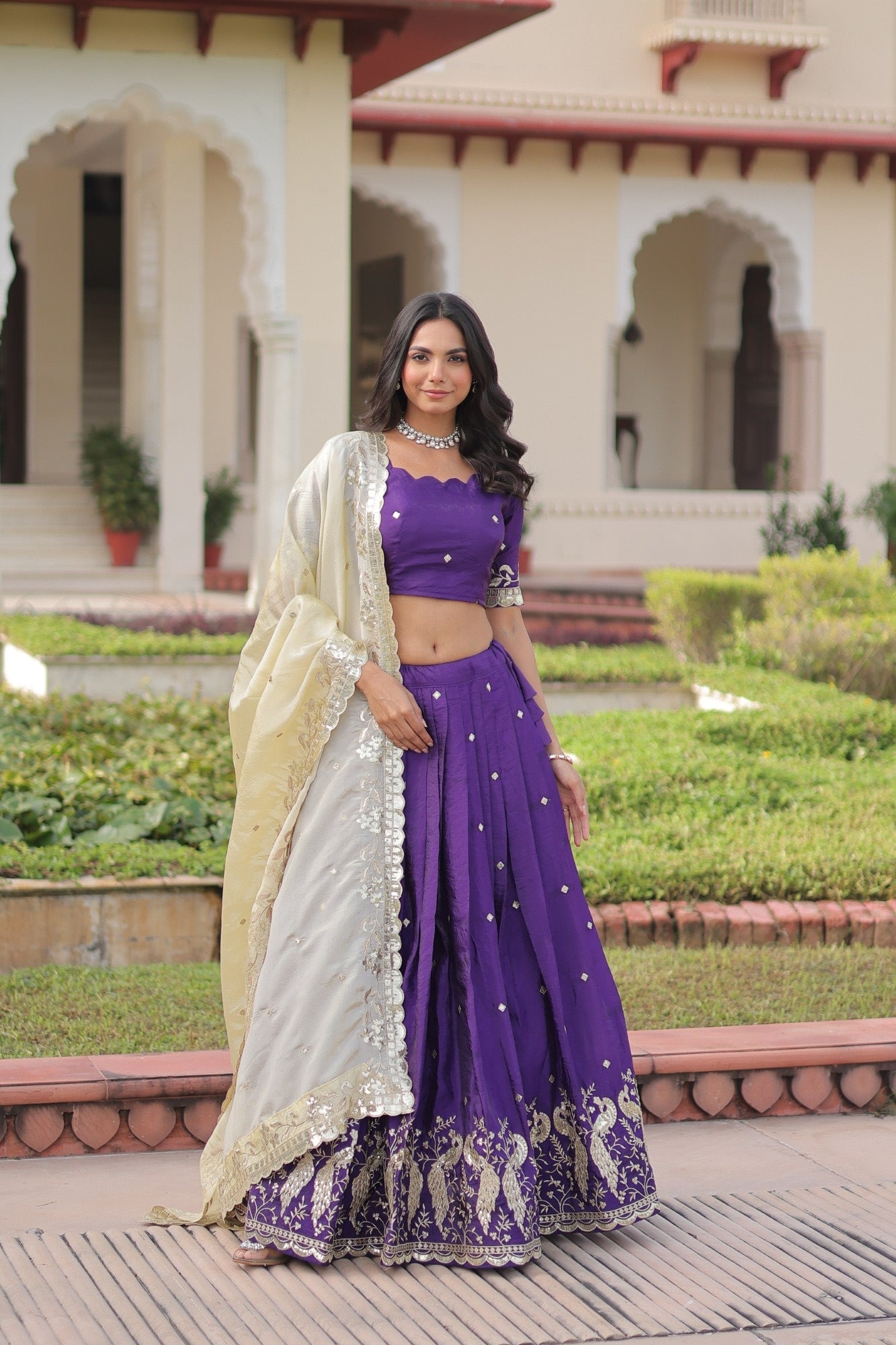 Lorenvalley Fashion Purple Gold Crush with Sequins & Zari Embroidered Work Lehenga Choli with Dupatta - Swadesiicart