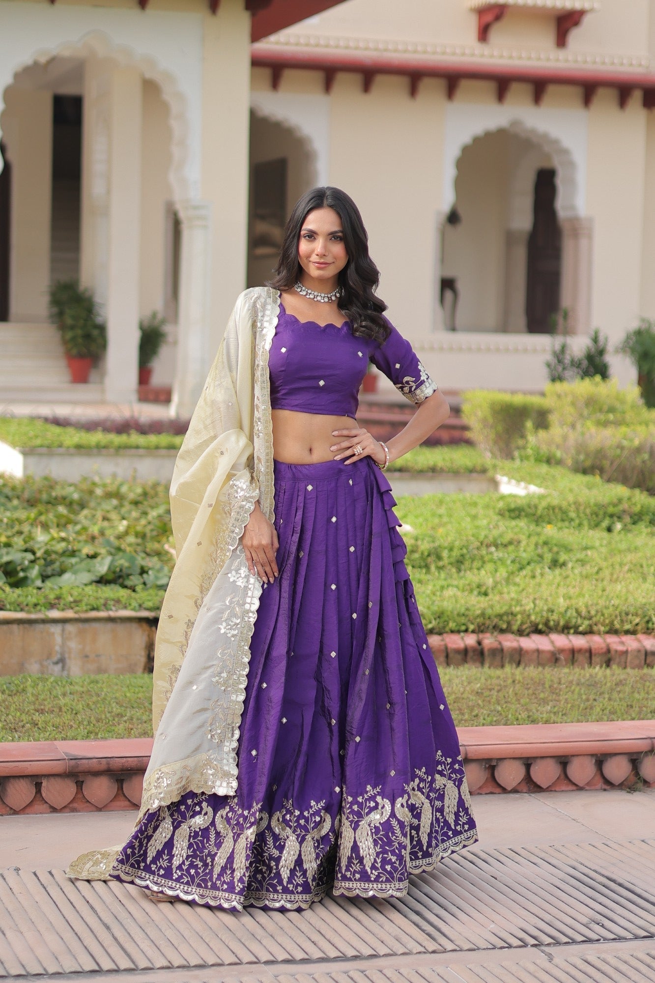 Lorenvalley Fashion Purple Gold Crush with Sequins & Zari Embroidered Work Lehenga Choli with Dupatta - Swadesiicart