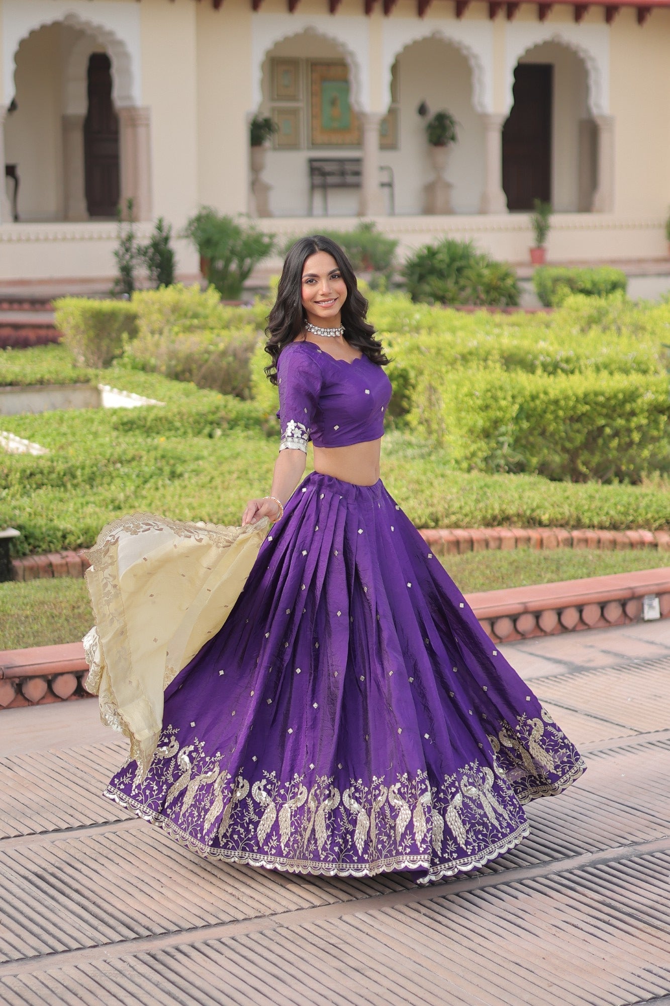 Lorenvalley Fashion Purple Gold Crush with Sequins & Zari Embroidered Work Lehenga Choli with Dupatta - Swadesiicart
