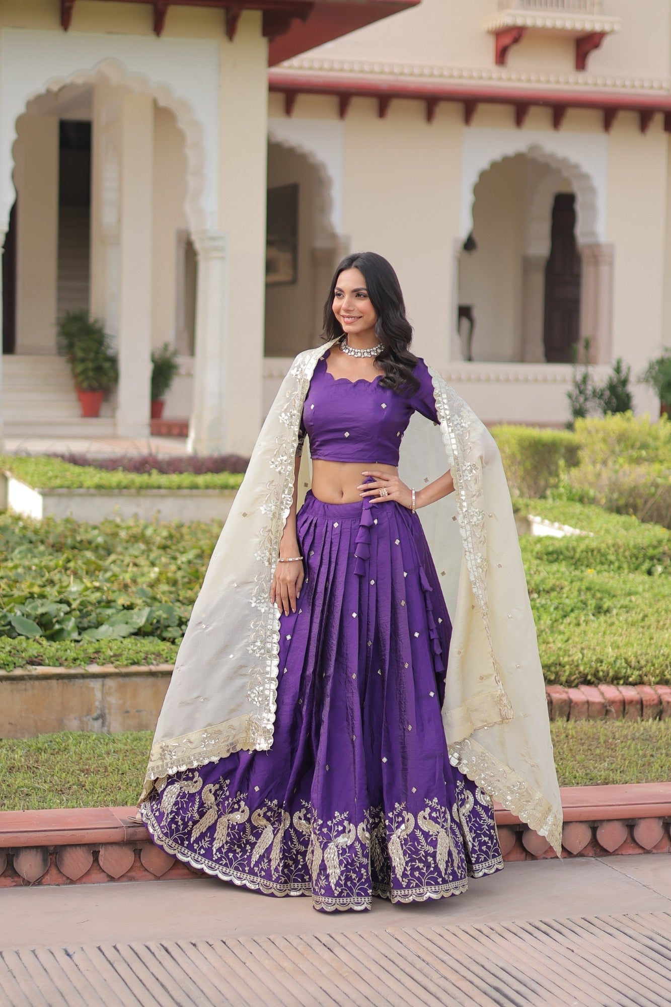 Lorenvalley Fashion Purple Gold Crush with Sequins & Zari Embroidered Work Lehenga Choli with Dupatta - Swadesiicart