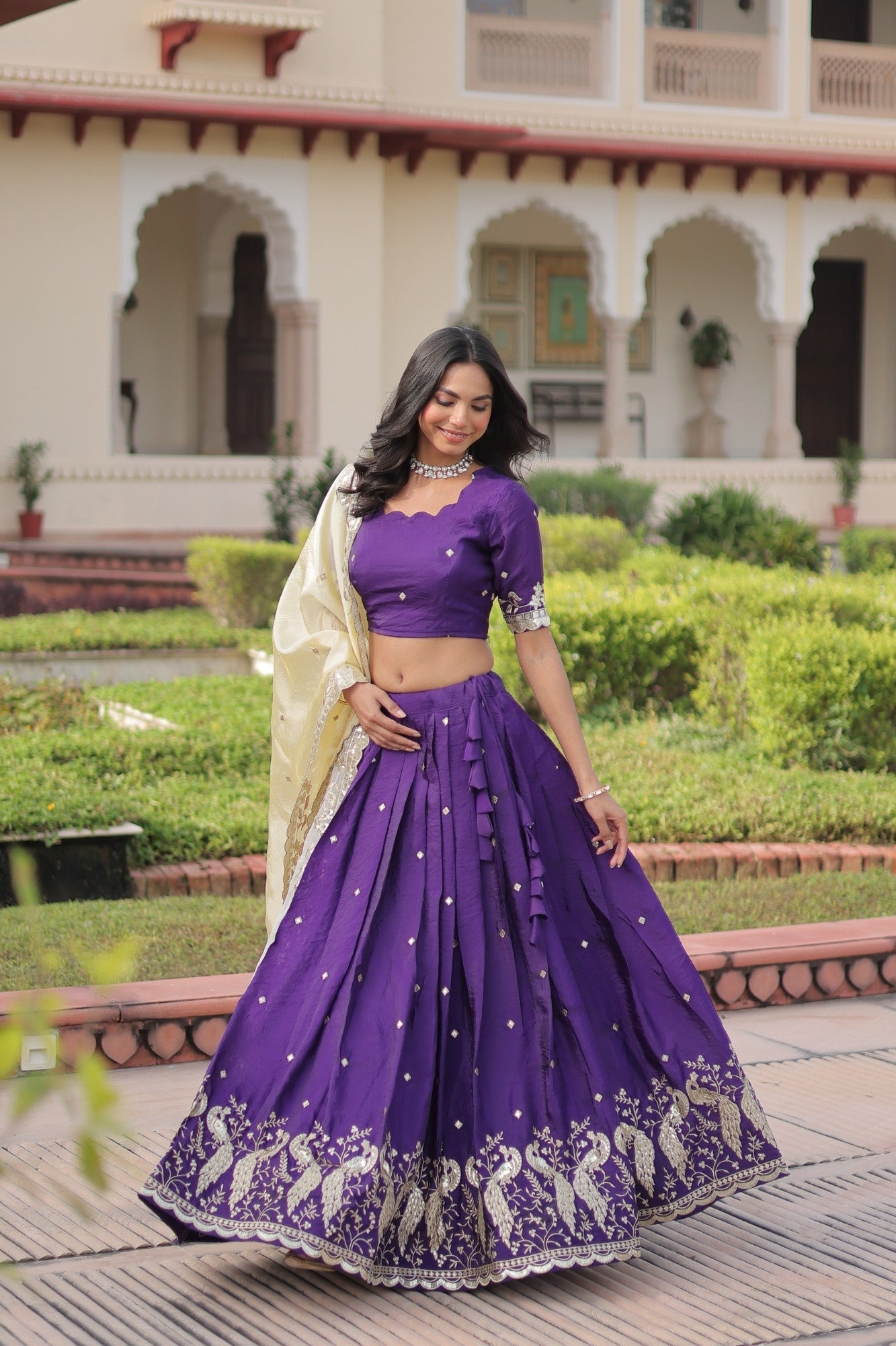 Lorenvalley Fashion Purple Gold Crush with Sequins & Zari Embroidered Work Lehenga Choli with Dupatta - Swadesiicart