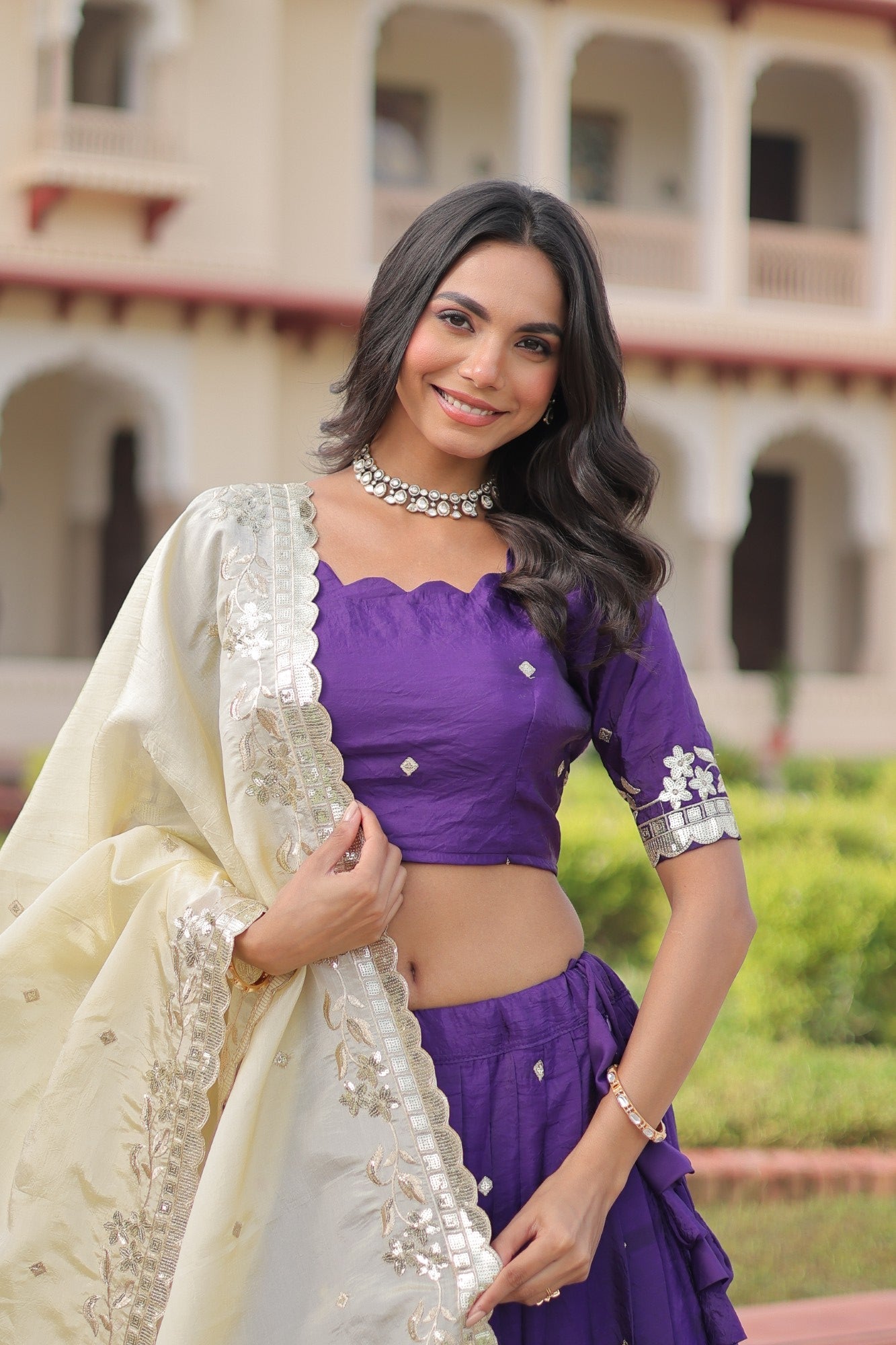 Lorenvalley Fashion Purple Gold Crush with Sequins & Zari Embroidered Work Lehenga Choli with Dupatta - Swadesiicart