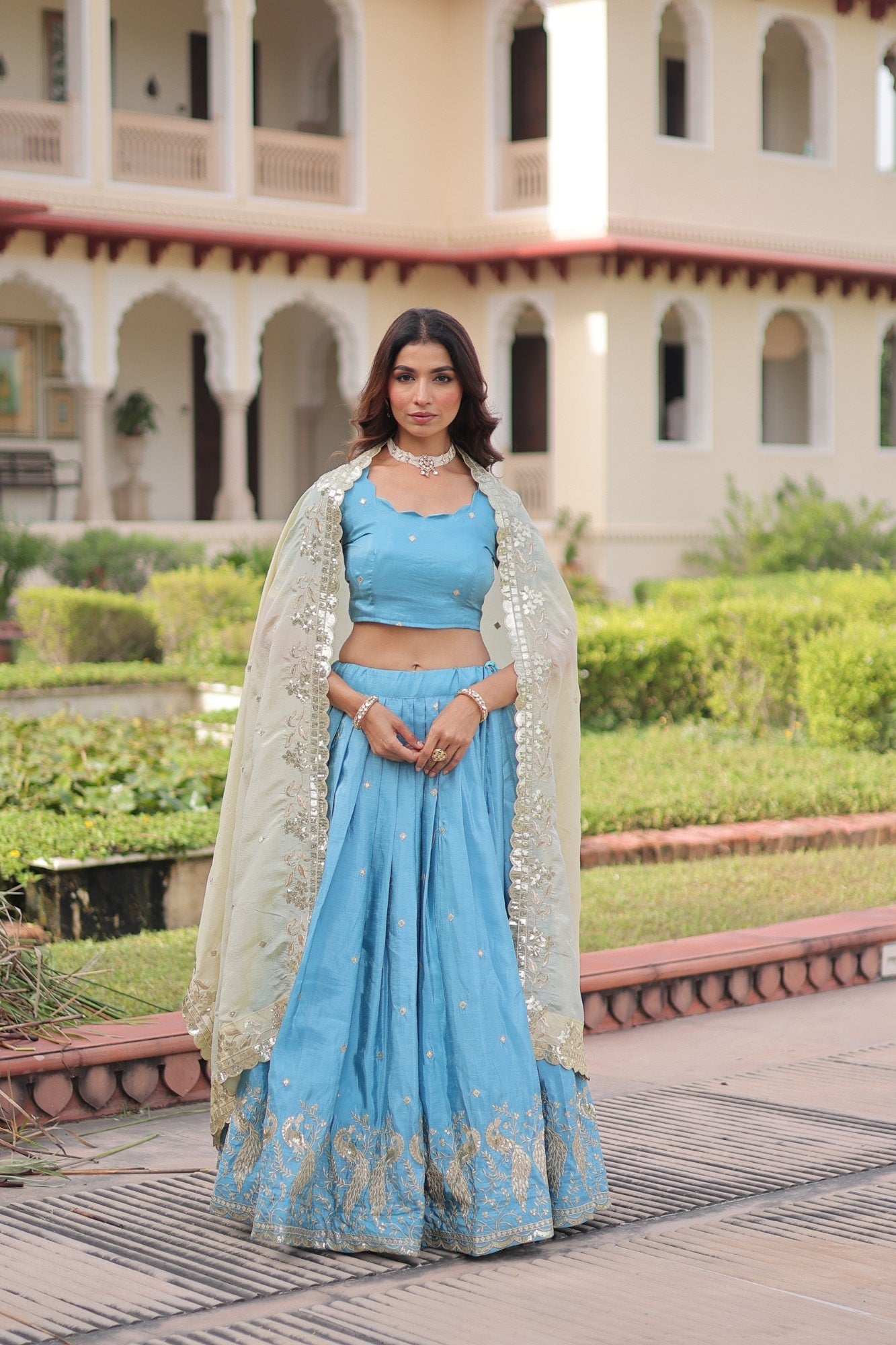 Lorenvalley Fashion Skyblue Gold Crush with Sequins & Zari Embroidered Work Lehenga Choli with Dupatta - Swadesiicart
