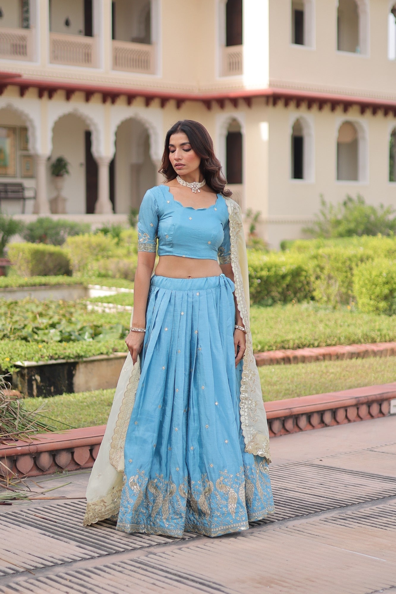 Lorenvalley Fashion Skyblue Gold Crush with Sequins & Zari Embroidered Work Lehenga Choli with Dupatta - Swadesiicart