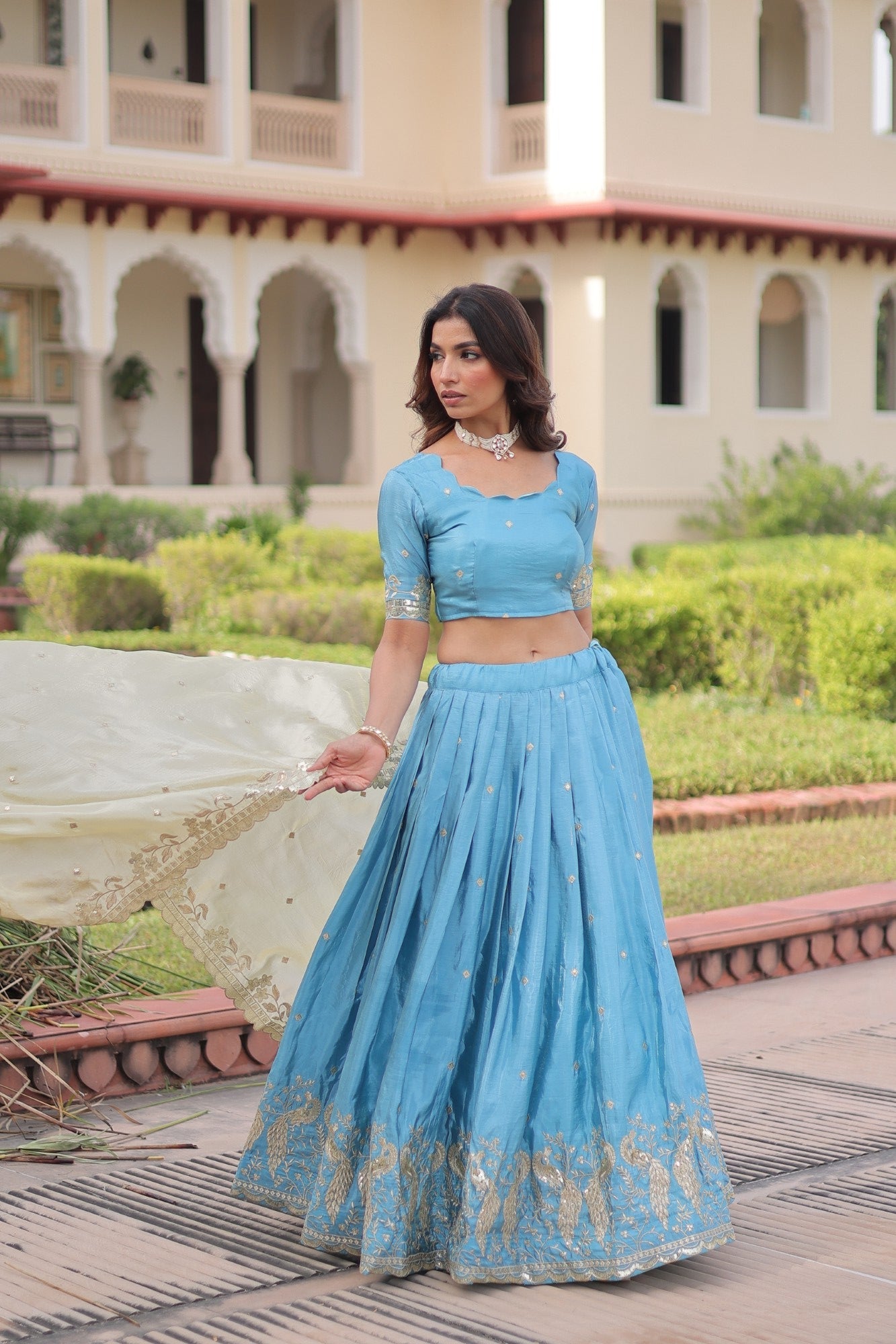 Lorenvalley Fashion Skyblue Gold Crush with Sequins & Zari Embroidered Work Lehenga Choli with Dupatta - Swadesiicart