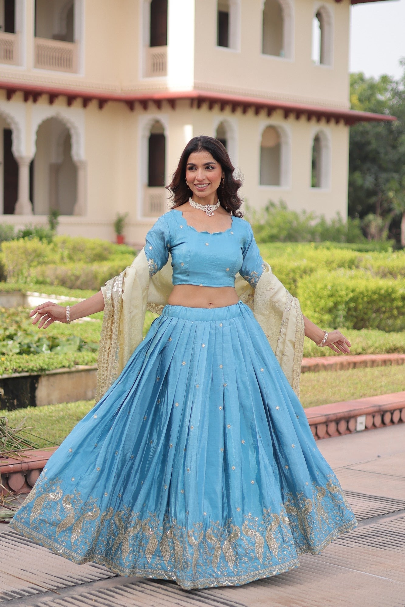 Lorenvalley Fashion Skyblue Gold Crush with Sequins & Zari Embroidered Work Lehenga Choli with Dupatta - Swadesiicart