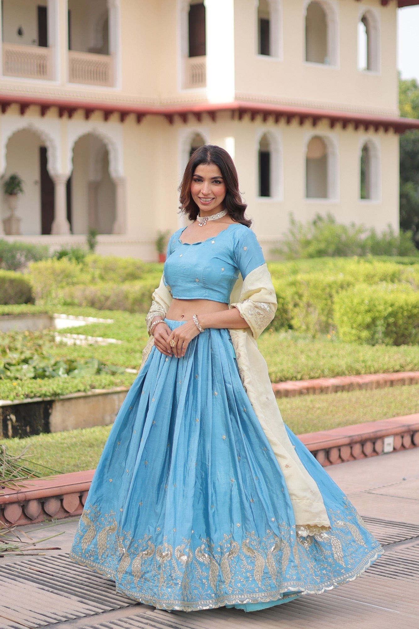 Lorenvalley Fashion Skyblue Gold Crush with Sequins & Zari Embroidered Work Lehenga Choli with Dupatta - Swadesiicart