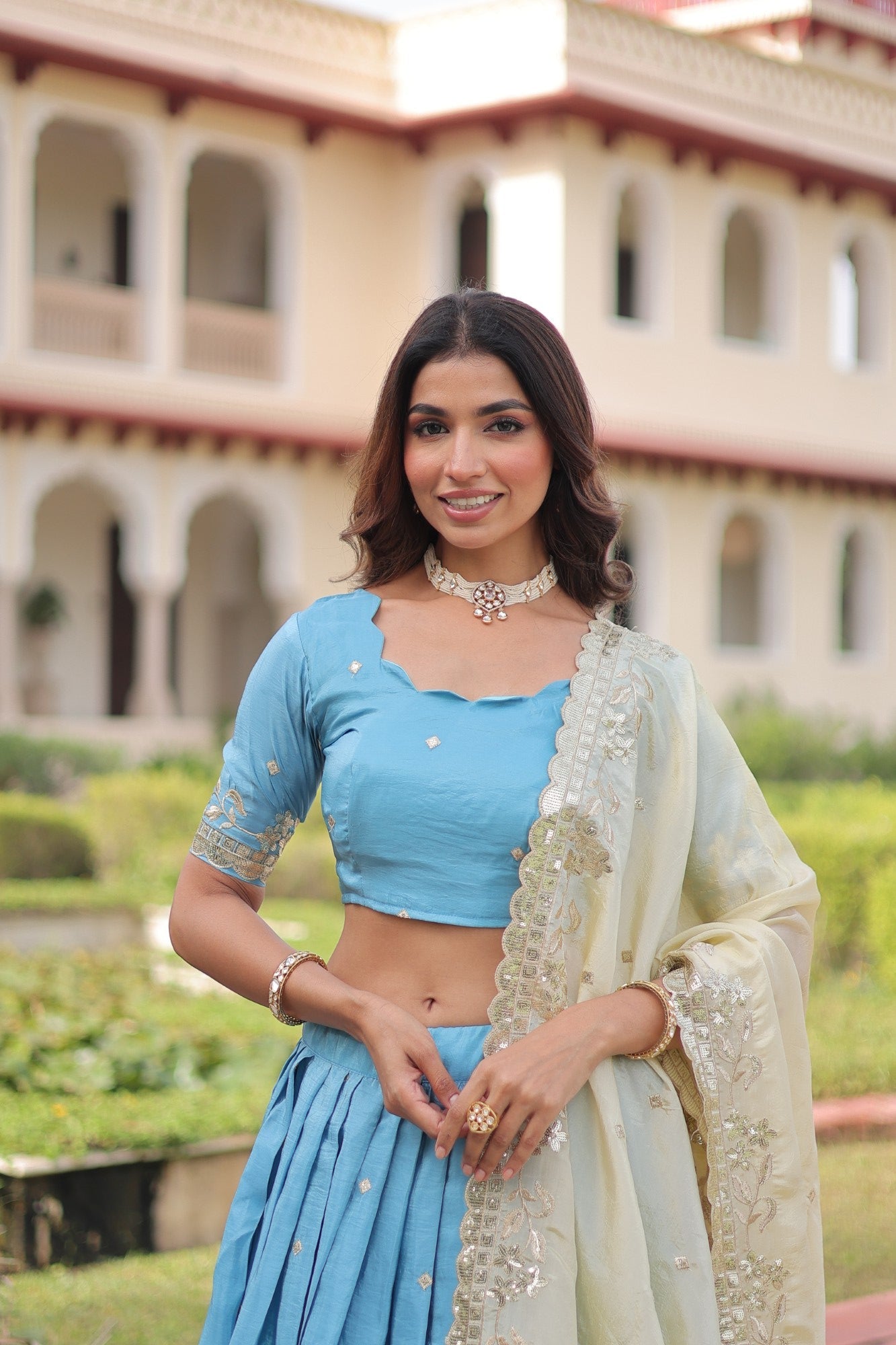 Lorenvalley Fashion Skyblue Gold Crush with Sequins & Zari Embroidered Work Lehenga Choli with Dupatta - Swadesiicart
