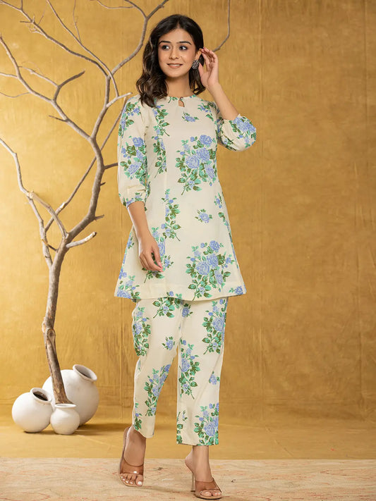 Yufta Cotton Blue Floral Print Co-Ord Set - Swadesiicart