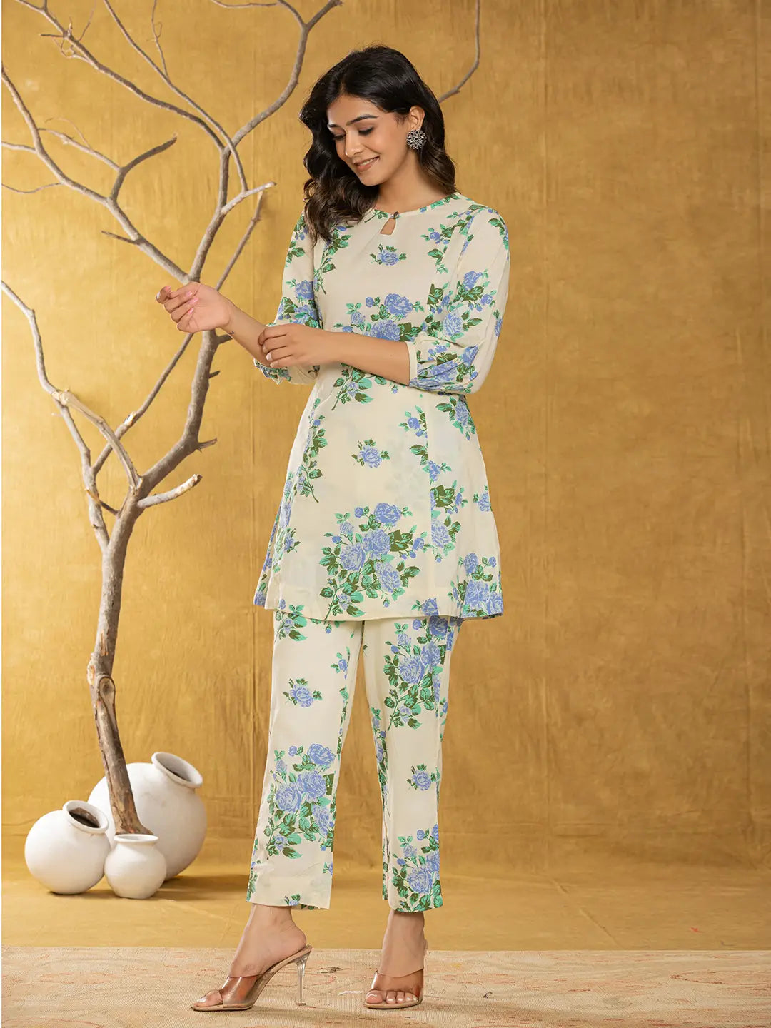 Yufta Cotton Blue Floral Print Co-Ord Set - Swadesiicart