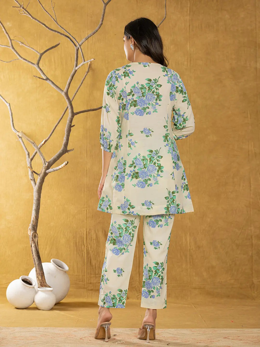 Yufta Cotton Blue Floral Print Co-Ord Set - Swadesiicart