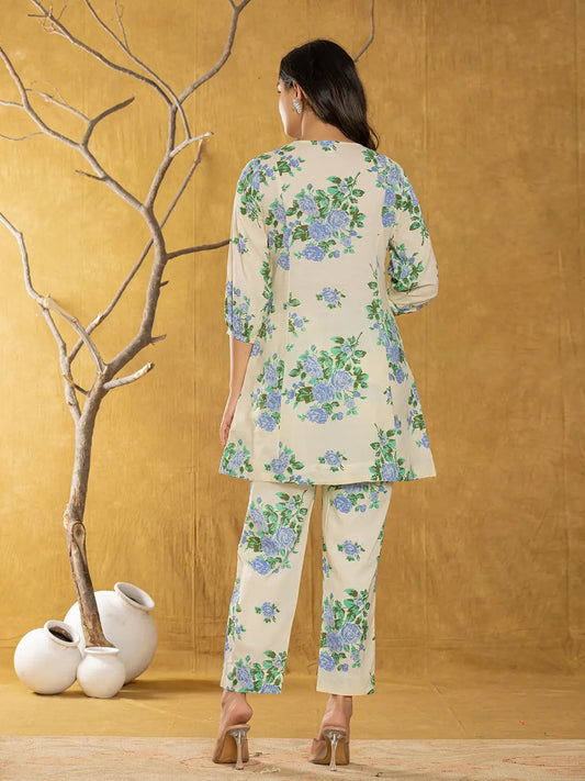 Yufta Cotton Blue Floral Print Co-Ord Set - Swadesiicart