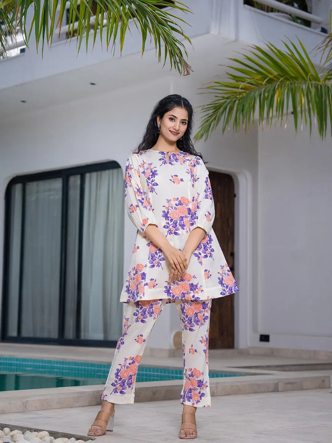 Yufta Peach Floral Print Top And Trouser Co Ord Set - Swadesiicart