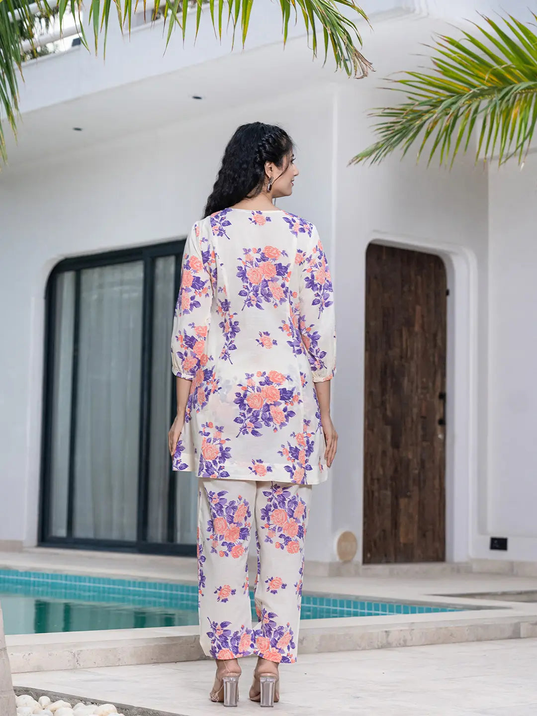 Yufta Peach Floral Print Top And Trouser Co Ord Set - Swadesiicart