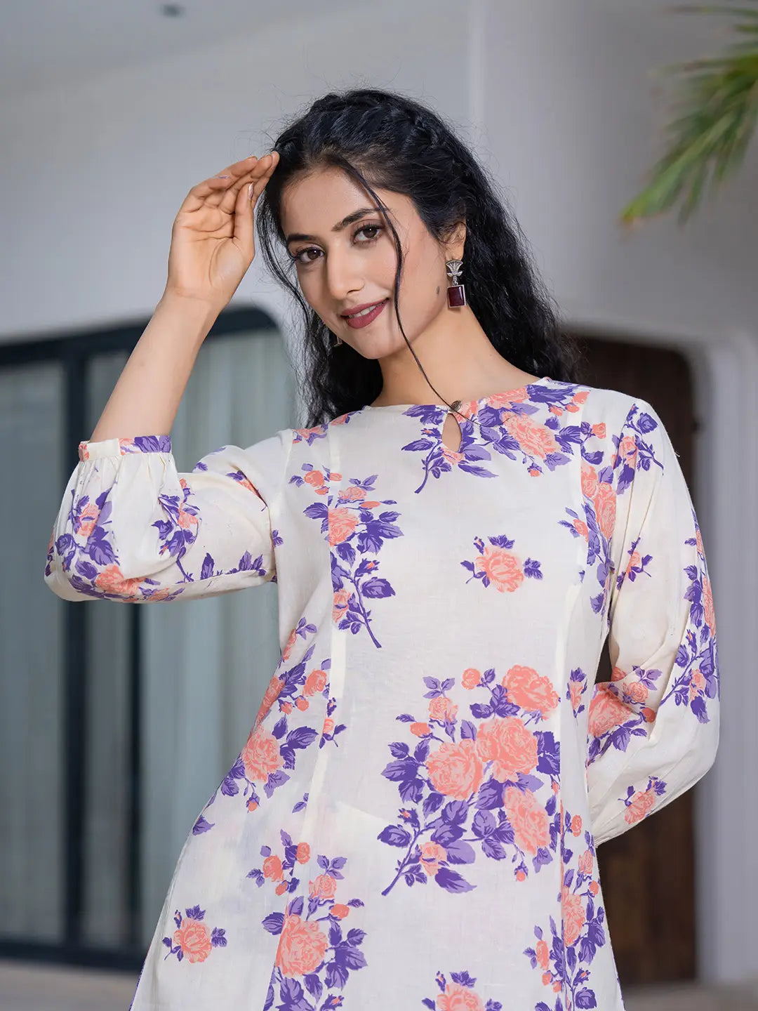 Yufta Peach Floral Print Top And Trouser Co Ord Set - Swadesiicart