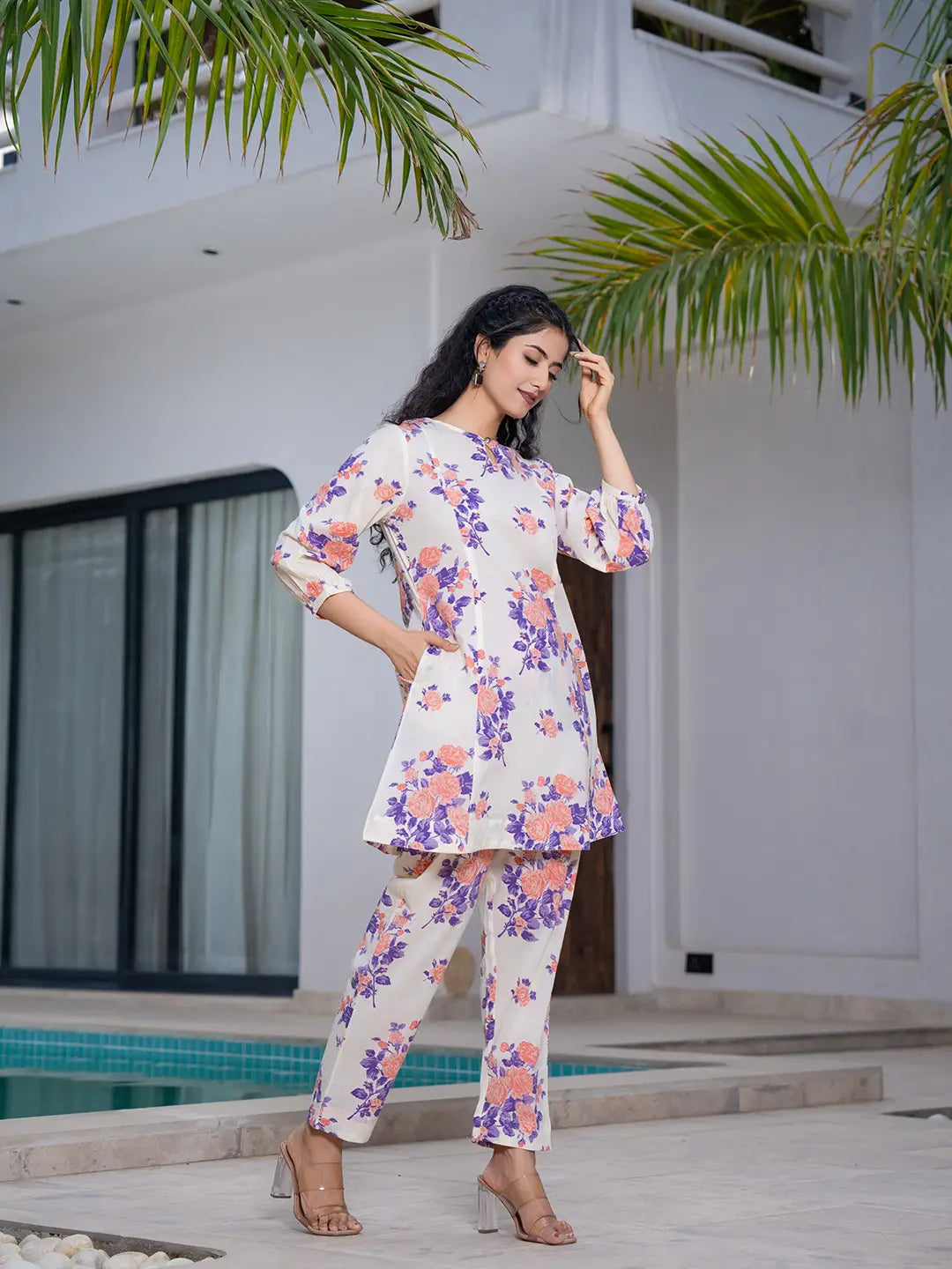 Yufta Peach Floral Print Top And Trouser Co Ord Set - Swadesiicart