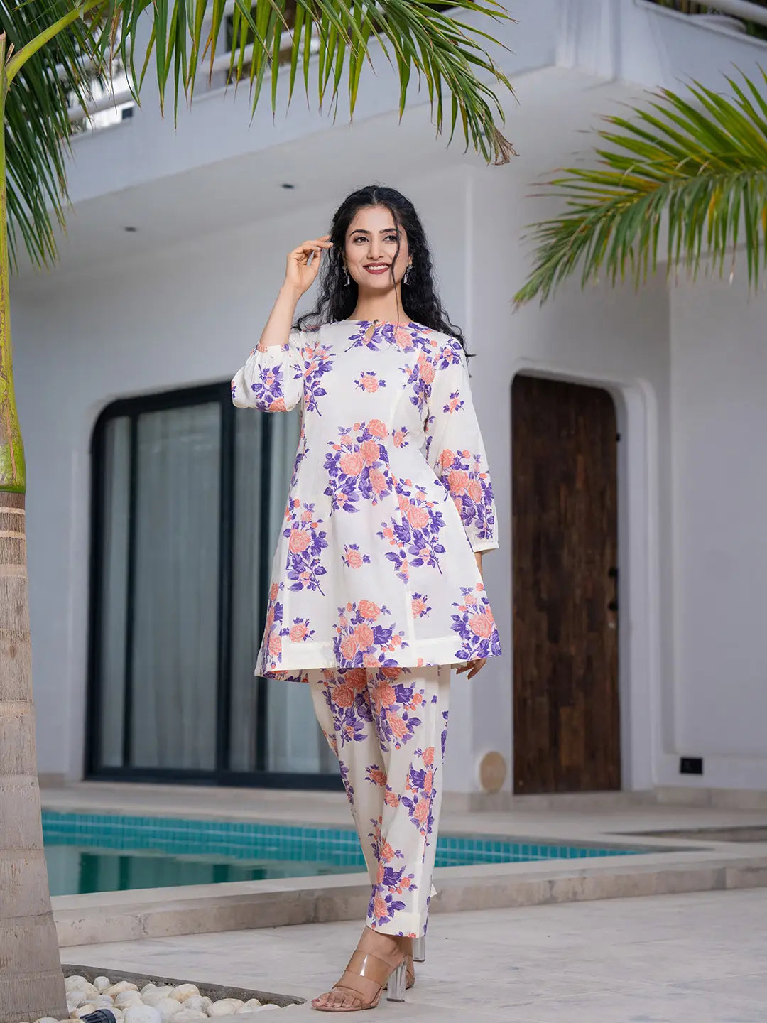 Yufta Peach Floral Print Top And Trouser Co Ord Set - Swadesiicart