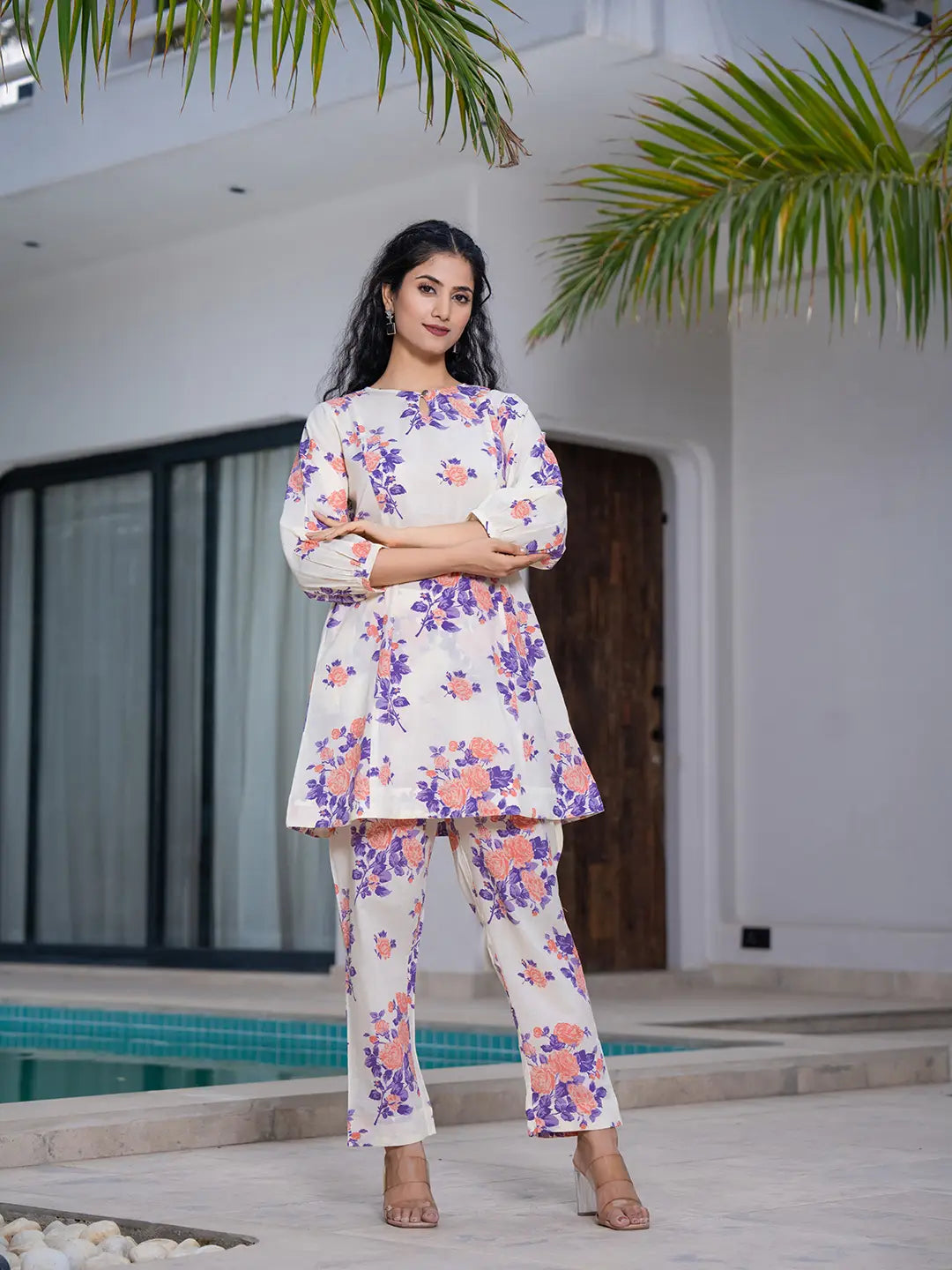 Yufta Peach Floral Print Top And Trouser Co Ord Set - Swadesiicart