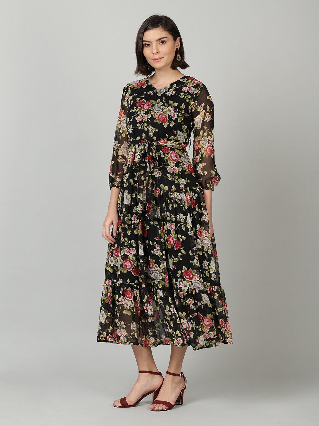 Souchii Black & Pink Floral Chiffon Midi Dress - Swadesiicart