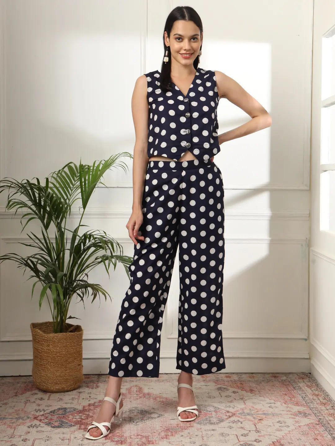 Yufta Blue Cotton Polka Dot Waistcoat Co-Ord - Swadesiicart