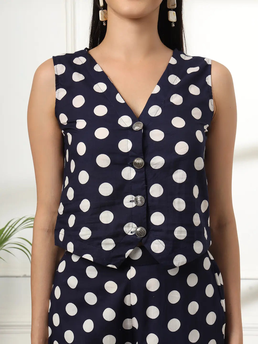 Yufta Blue Cotton Polka Dot Waistcoat Co-Ord - Swadesiicart