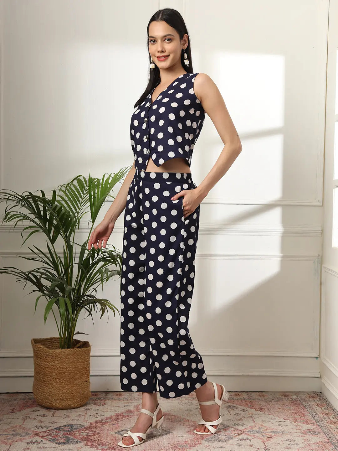 Yufta Blue Cotton Polka Dot Waistcoat Co-Ord - Swadesiicart